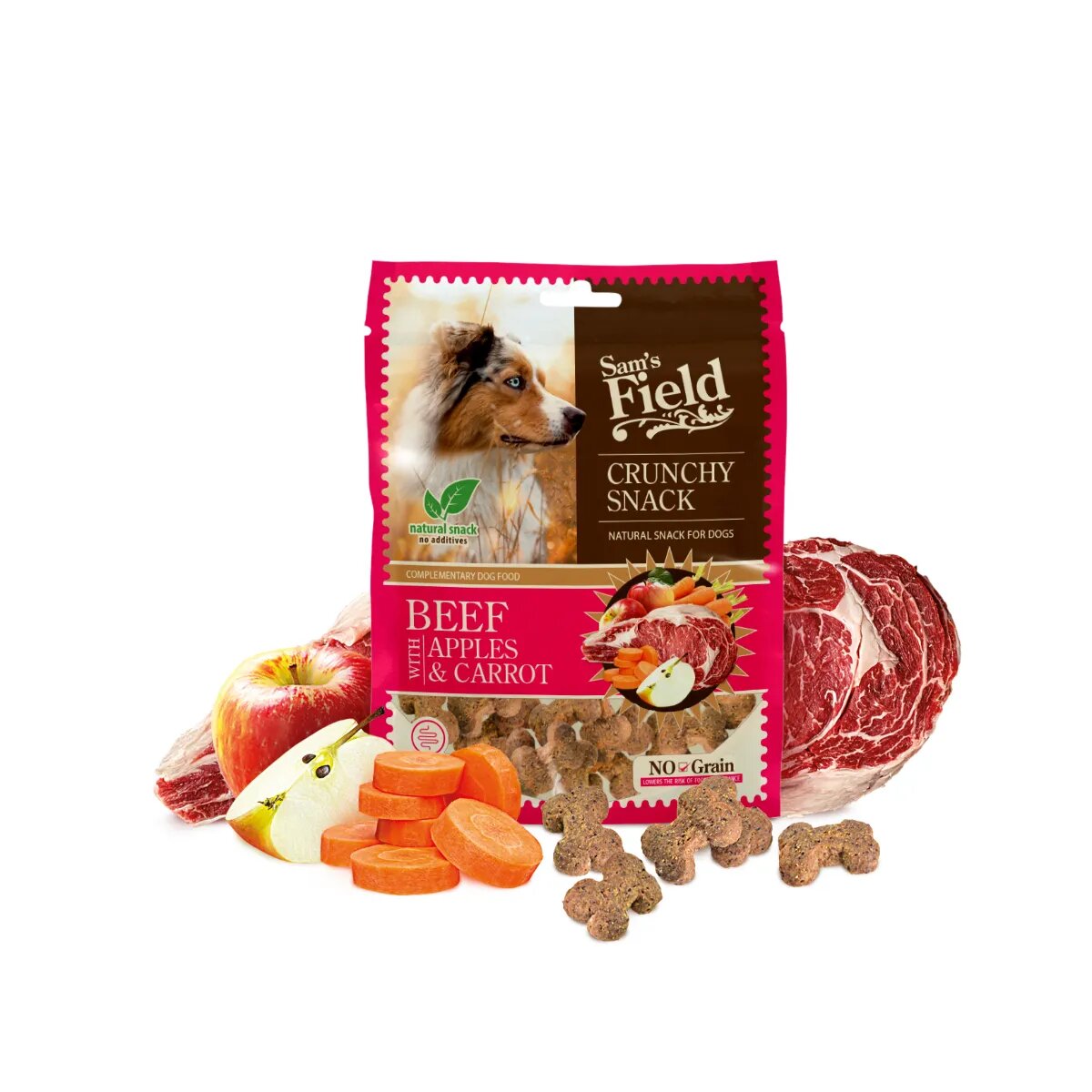 Sam's Field Crunchy Snack XS-XL Vită și Măr punguță recompense fără cereale câini 200g