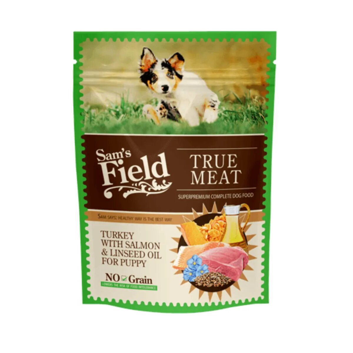 Sam's Field Puppy XS-XL Curcan și Somon plic hrană umedă fără cereale câini junior (în aspic) 260g