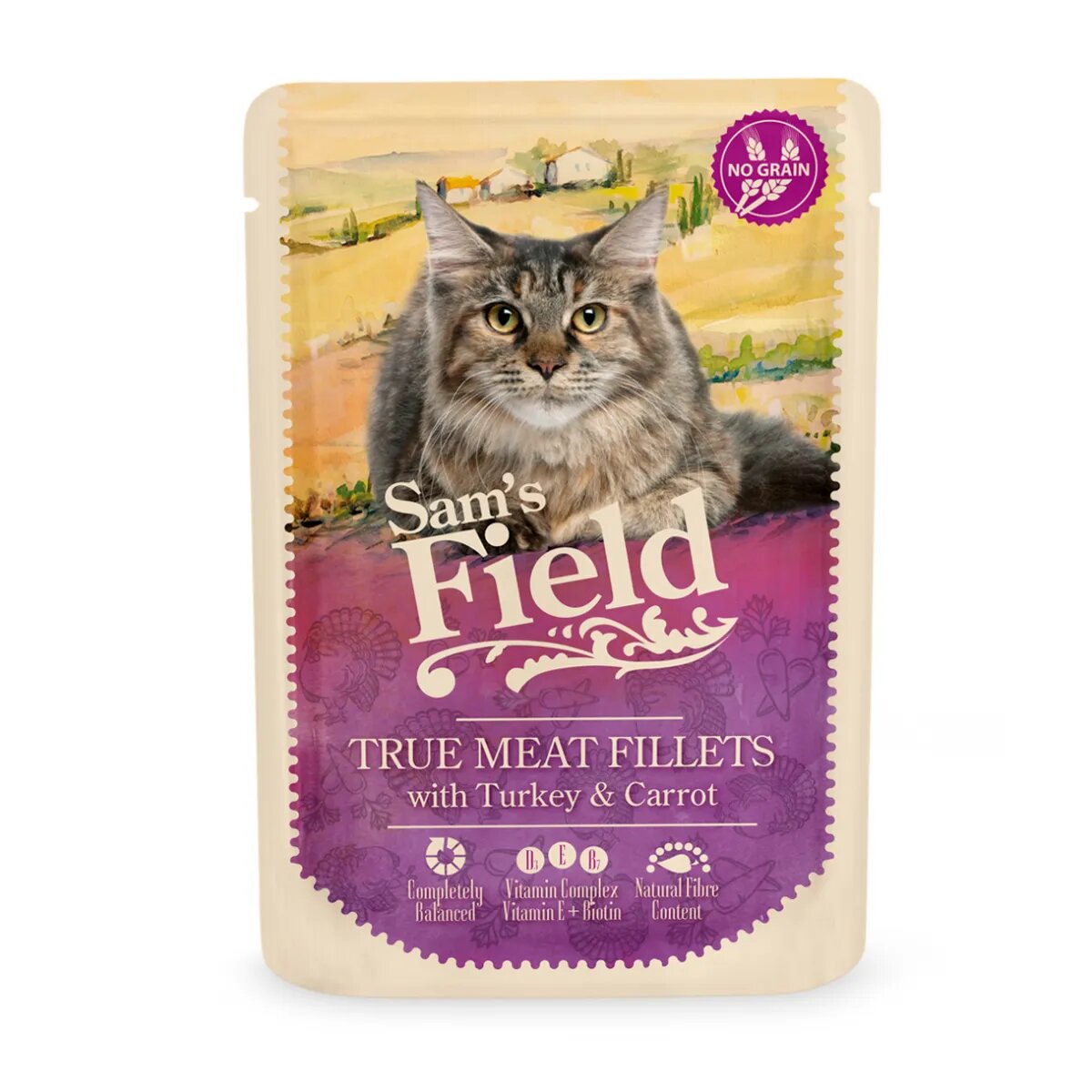 Sam's Field True Meat Fillets Curcan și Morcov plic hrană umedă fără cereale pisici (în sos) 85g