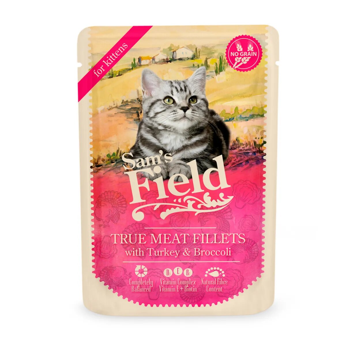 Sam's Field True Meat Fillets Kitten Curcan și Broccoli plic hrană umedă fără cereale pisici junior (în sos) 85g