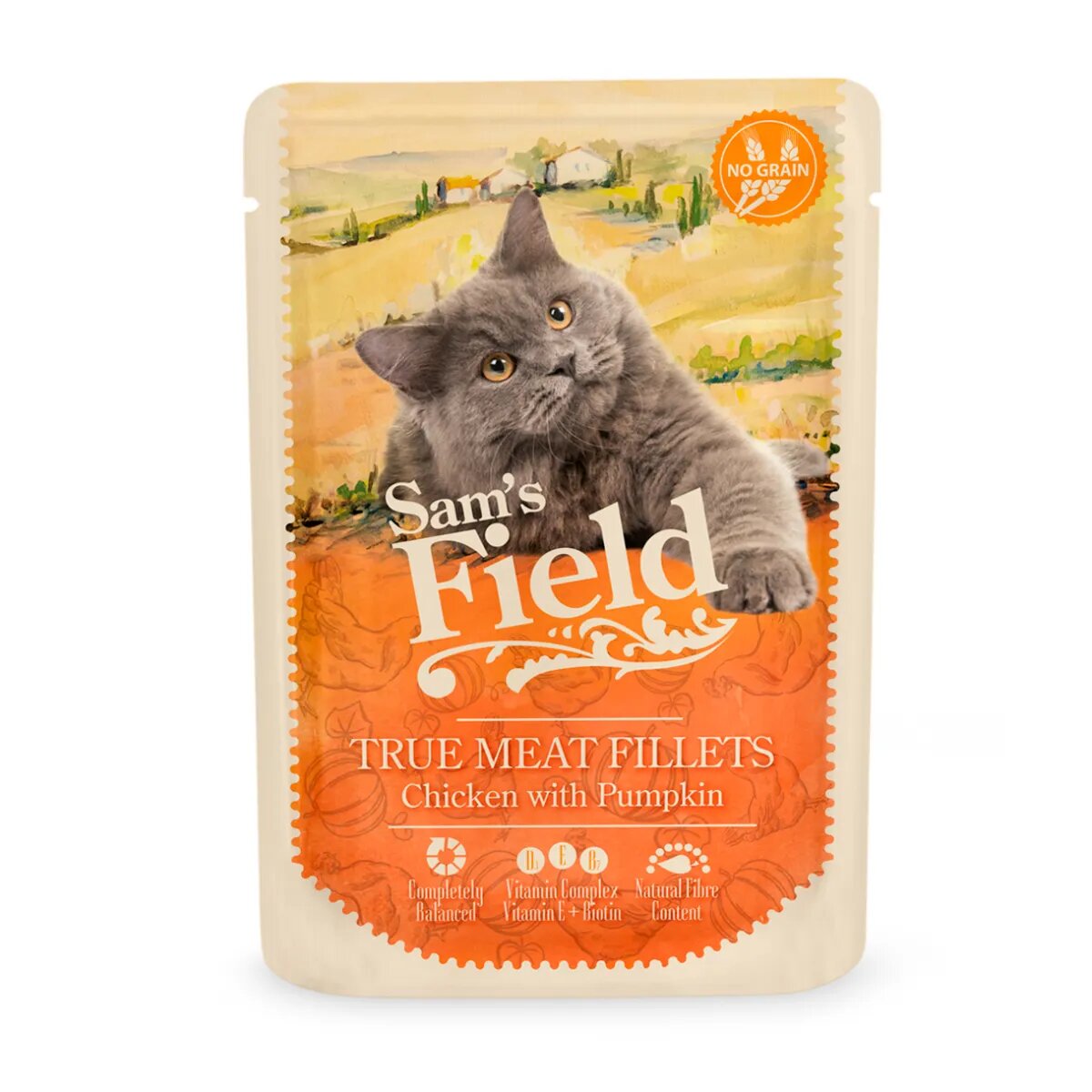 Sam's Field True Meat Fillets Pui și dovleac plic hrană umedă fără cereale pisici (în sos) 85g