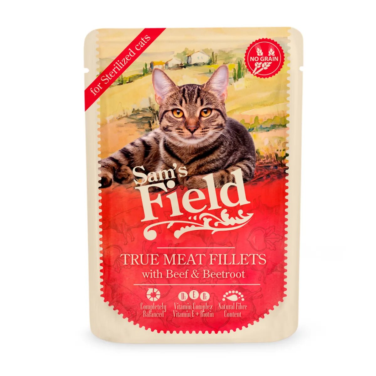 Sam's Field True Meat Fillets Sterilised Vită plic hrană umedă fără cereale pisici sterilizate (în sos) 85g
