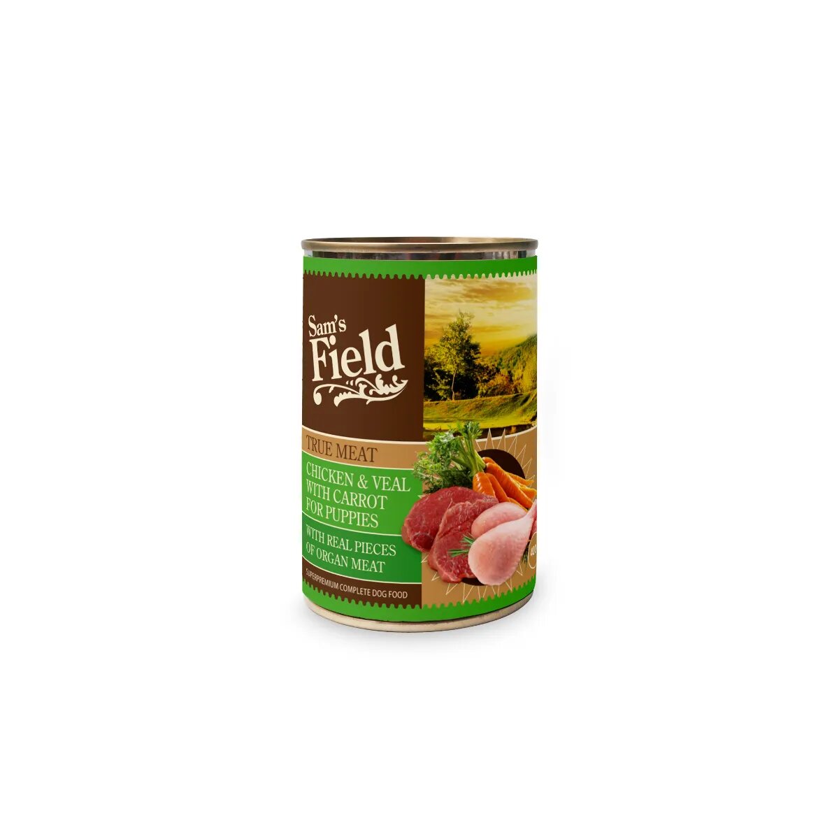 Sam's Field True Meat For Puppies XS-XL Pui și Vițel conservă hrană umedă fără cereale câini junior (în aspic) 400g