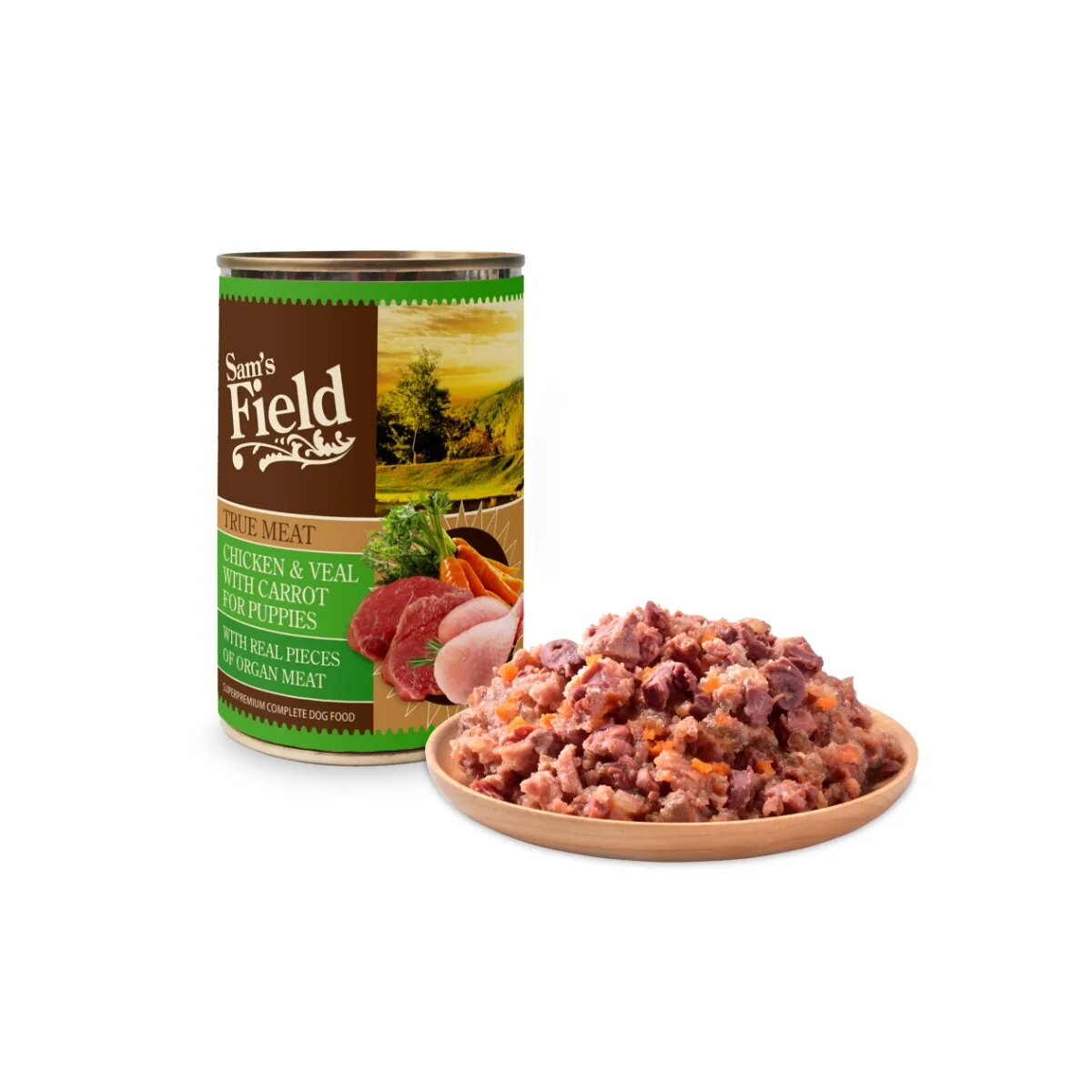 Sam's Field True Meat For Puppies XS-XL Pui și Vițel conservă hrană umedă fără cereale câini junior (în aspic) 400g