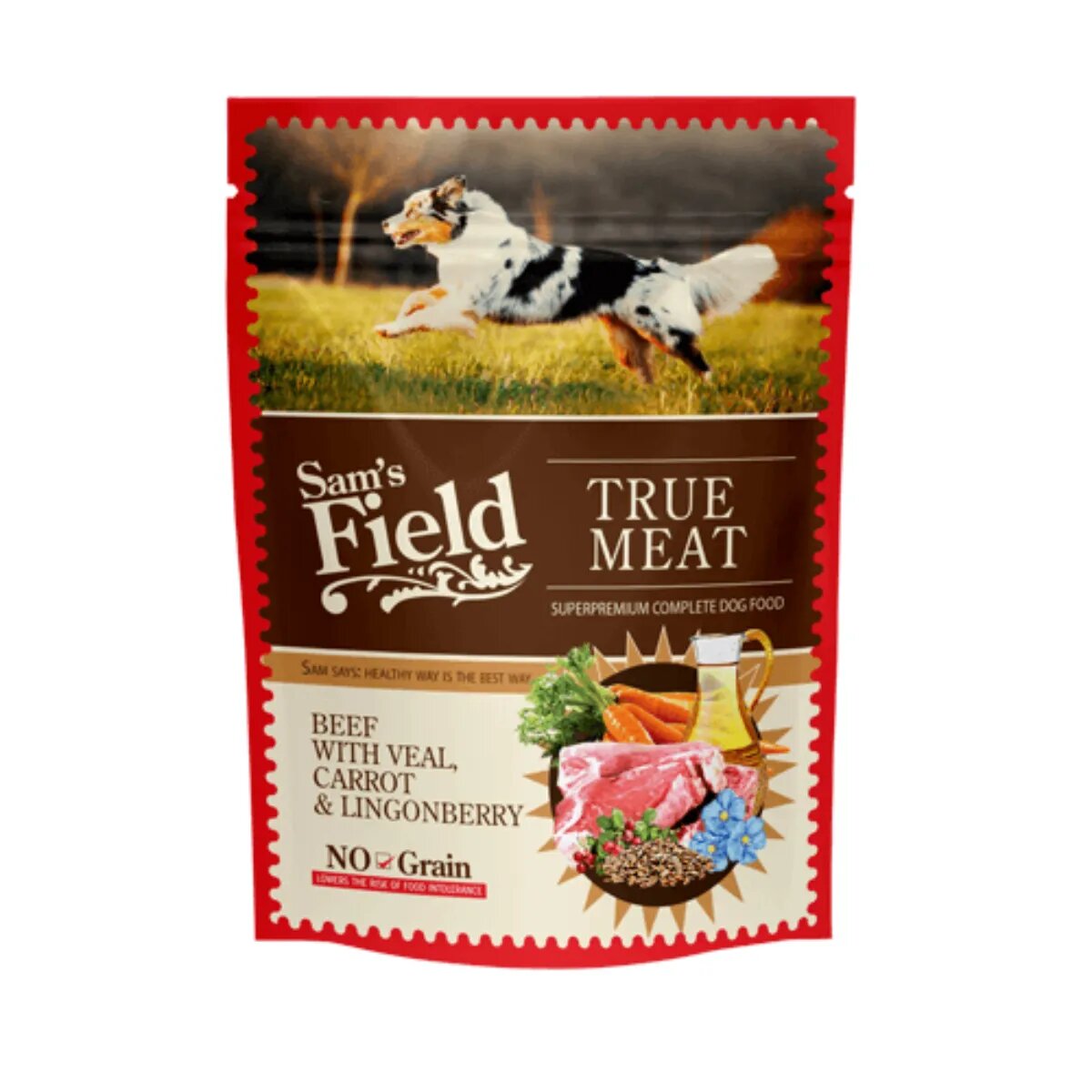 Sam's Field XS-XL Vițel și Morcov plic hrană umedă fără cereale câini (în aspic) 260g