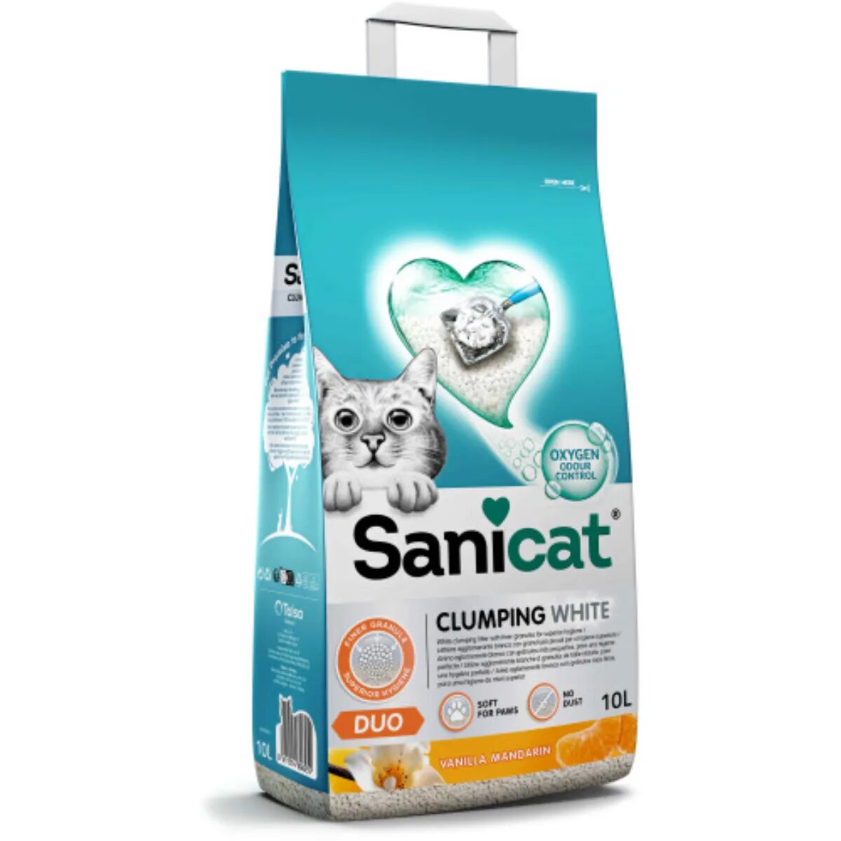 Sanicat Clumping White Duo Vanilie și Mandarină așternut igienic pisici granule bentonită aglomerant neutralizare mirosuri fără praf 10l