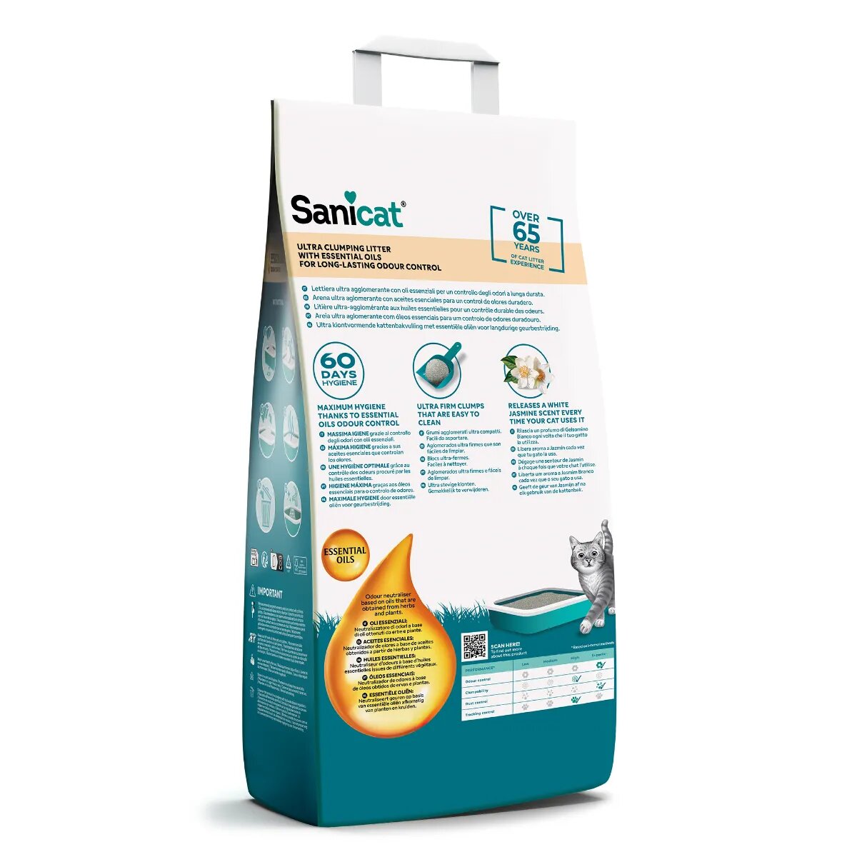 Sanicat Essential Oils Odour Control Iasomie așternut igienic pisici granule bentonită aglomerant neutralizare mirosuri fără praf 10kg