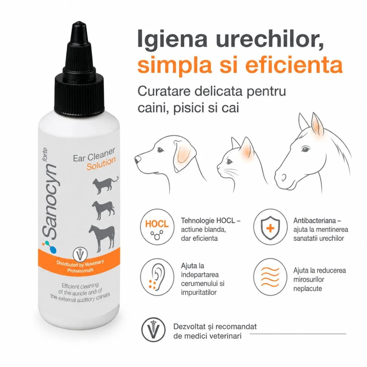SANOCYN Forte Ear Cleaner soluție igiena urechilor soluție câini și pisici antibacteriană flacon 75ml