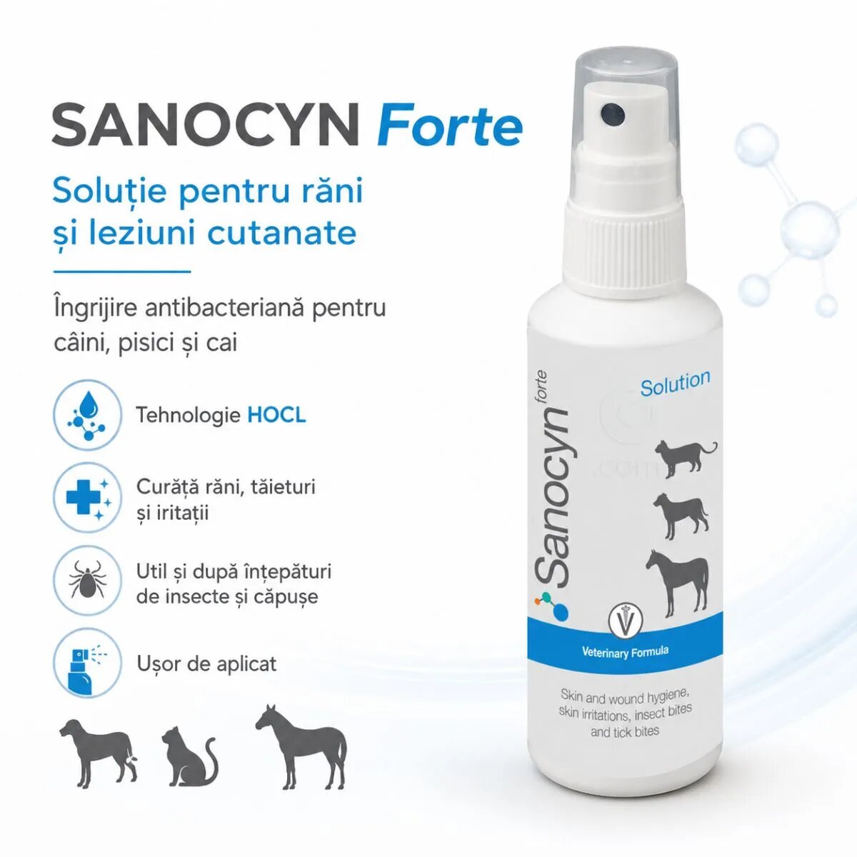 SANOCYN Forte Rani si Leziuni Cutanate îngrijire răni soluție câini și pisici antibacteriană flacon 75ml