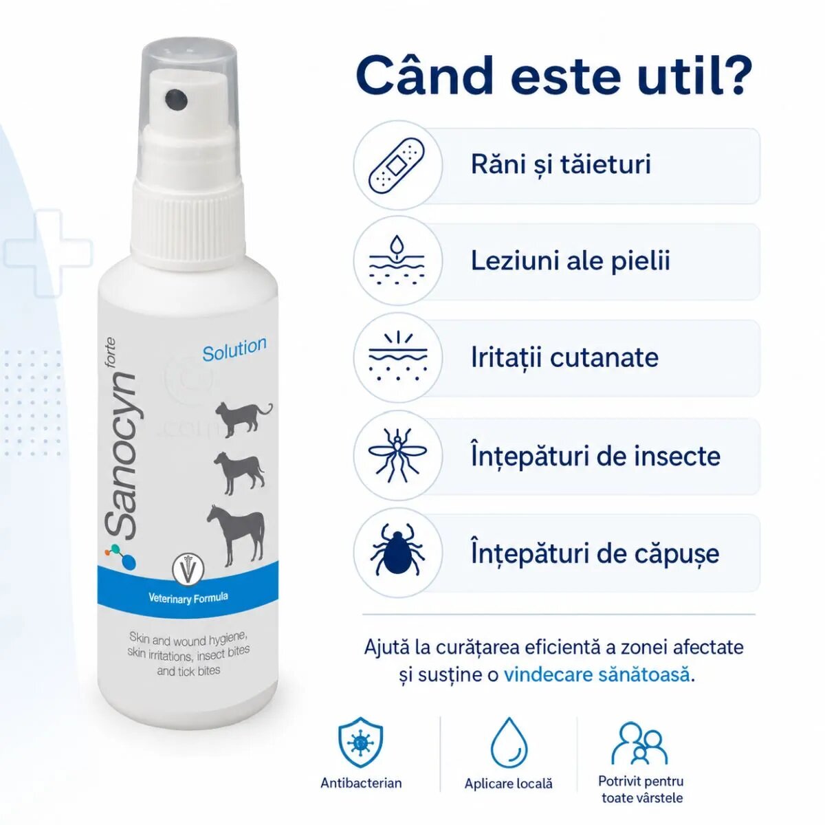SANOCYN Forte Rani si Leziuni Cutanate îngrijire răni soluție câini și pisici antibacteriană flacon 75ml