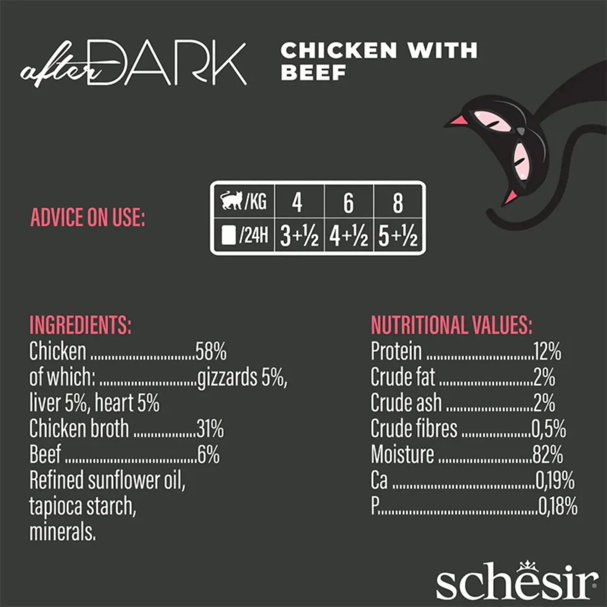 Schesir After Dark Pui și Vită conservă hrană umedă fără cereale pisici (în supă) 80g