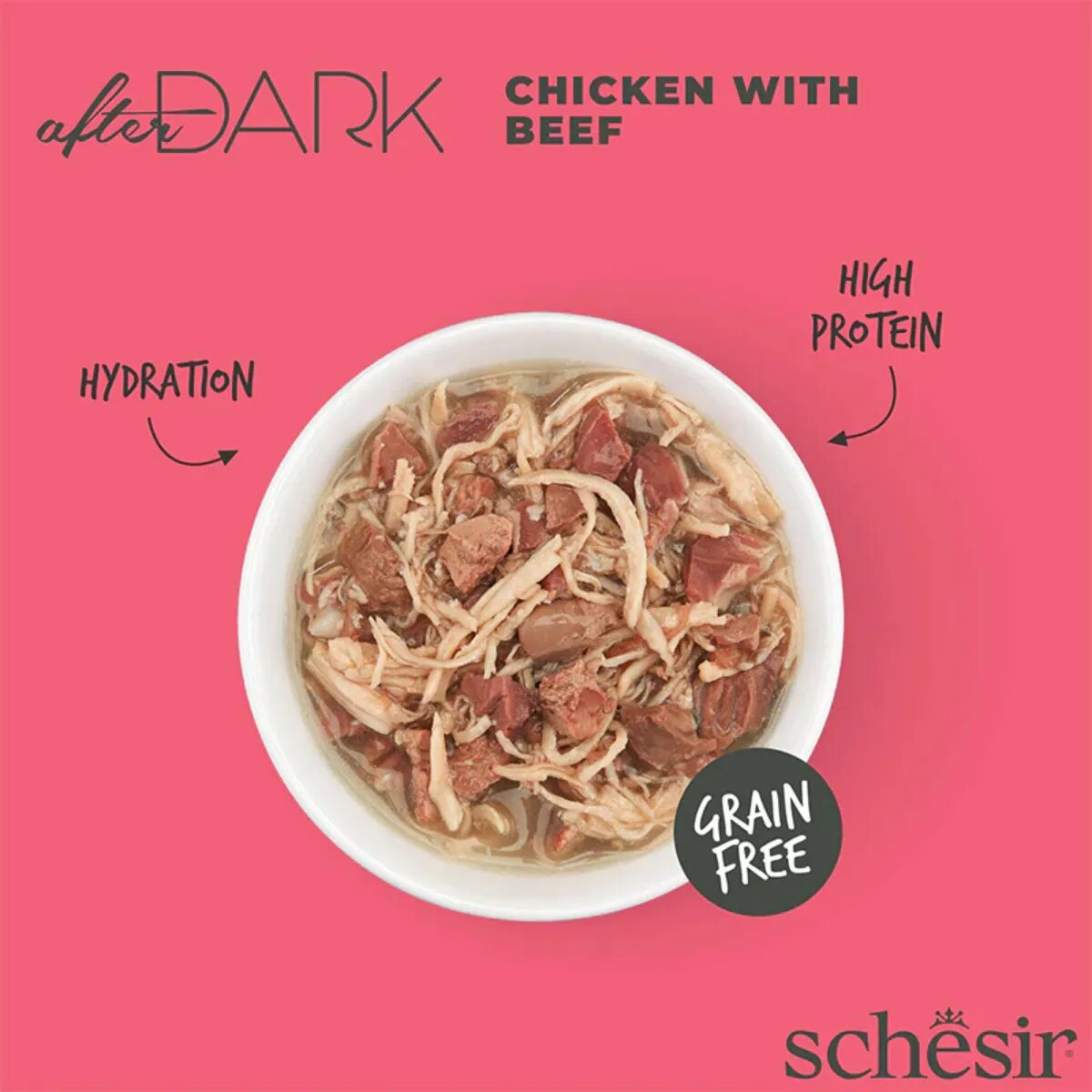 Schesir After Dark Pui și Vită conservă hrană umedă fără cereale pisici (în supă) 80g