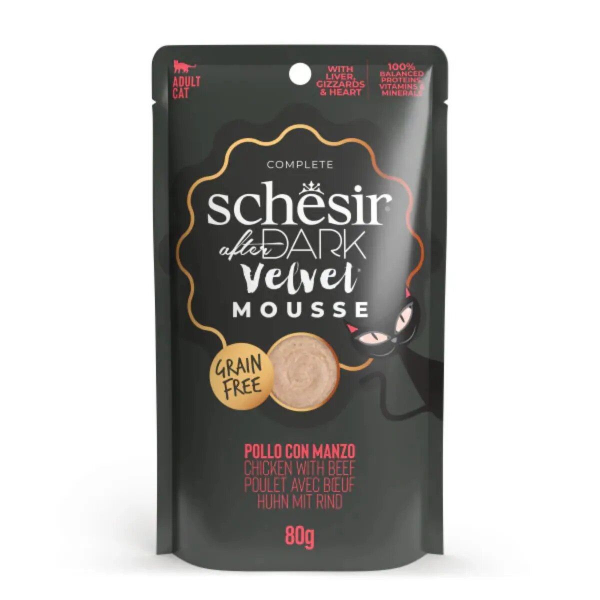 Schesir After Dark Velvet Mousse Pui și Vită plic hrană umedă fără cereale pisici (mousse) 80g