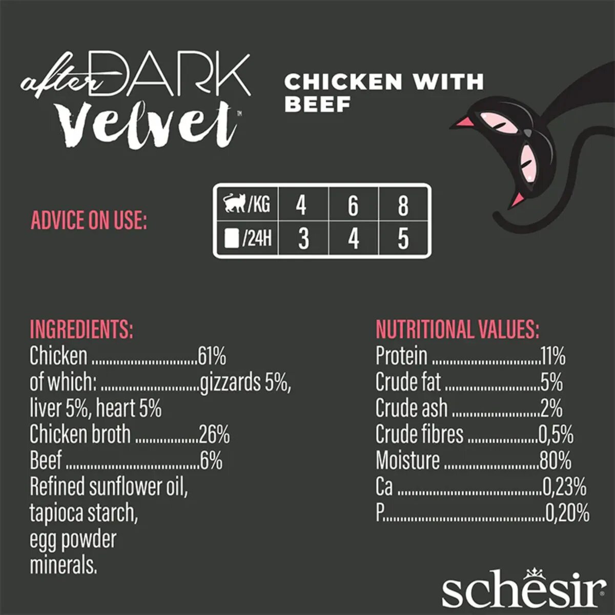 Schesir After Dark Velvet Mousse Pui și Vită plic hrană umedă fără cereale pisici (mousse) 80g