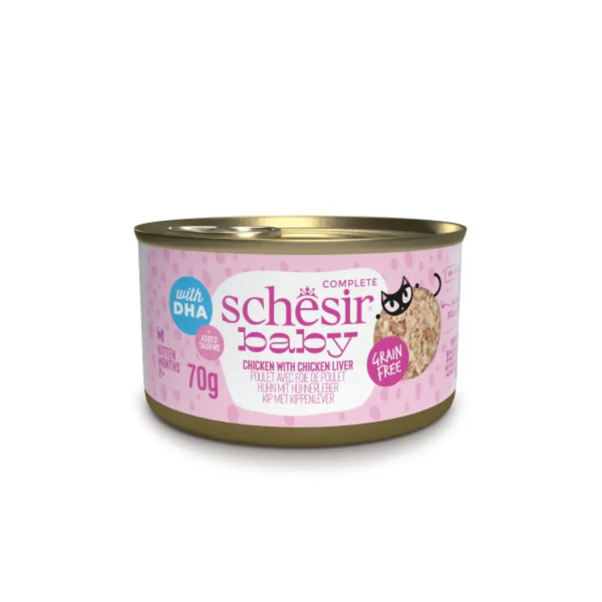 Schesir Baby Fillets Pui și Ficat conservă hrană umedă fără cereale pisici junior (în supă) 70g