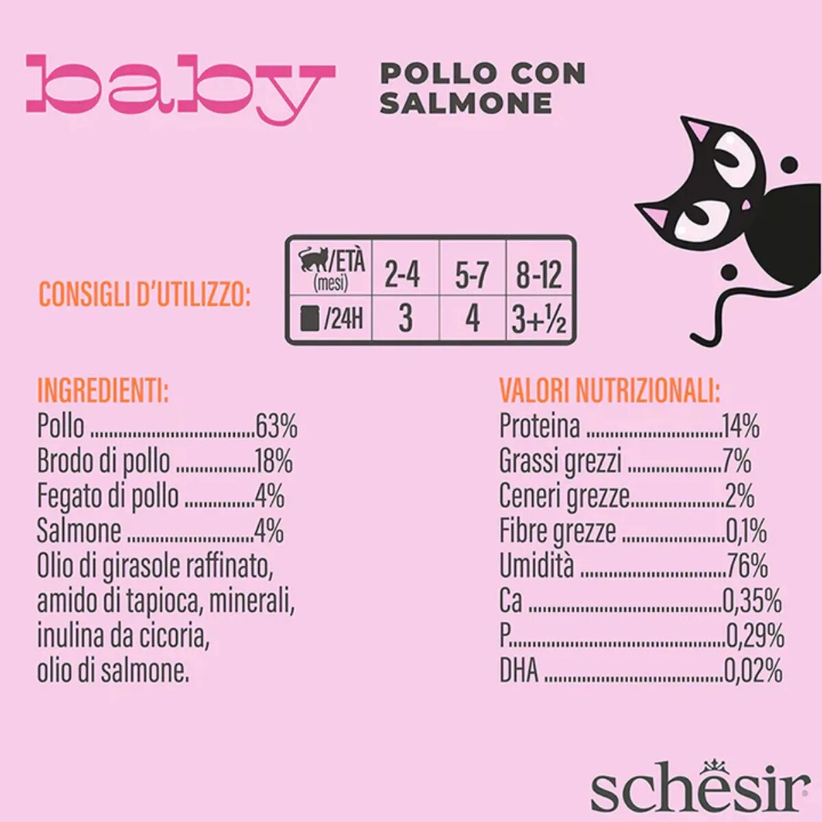 Schesir Baby Fillets Pui și Somon conservă hrană umedă fără cereale pisici junior (în supă) 70g