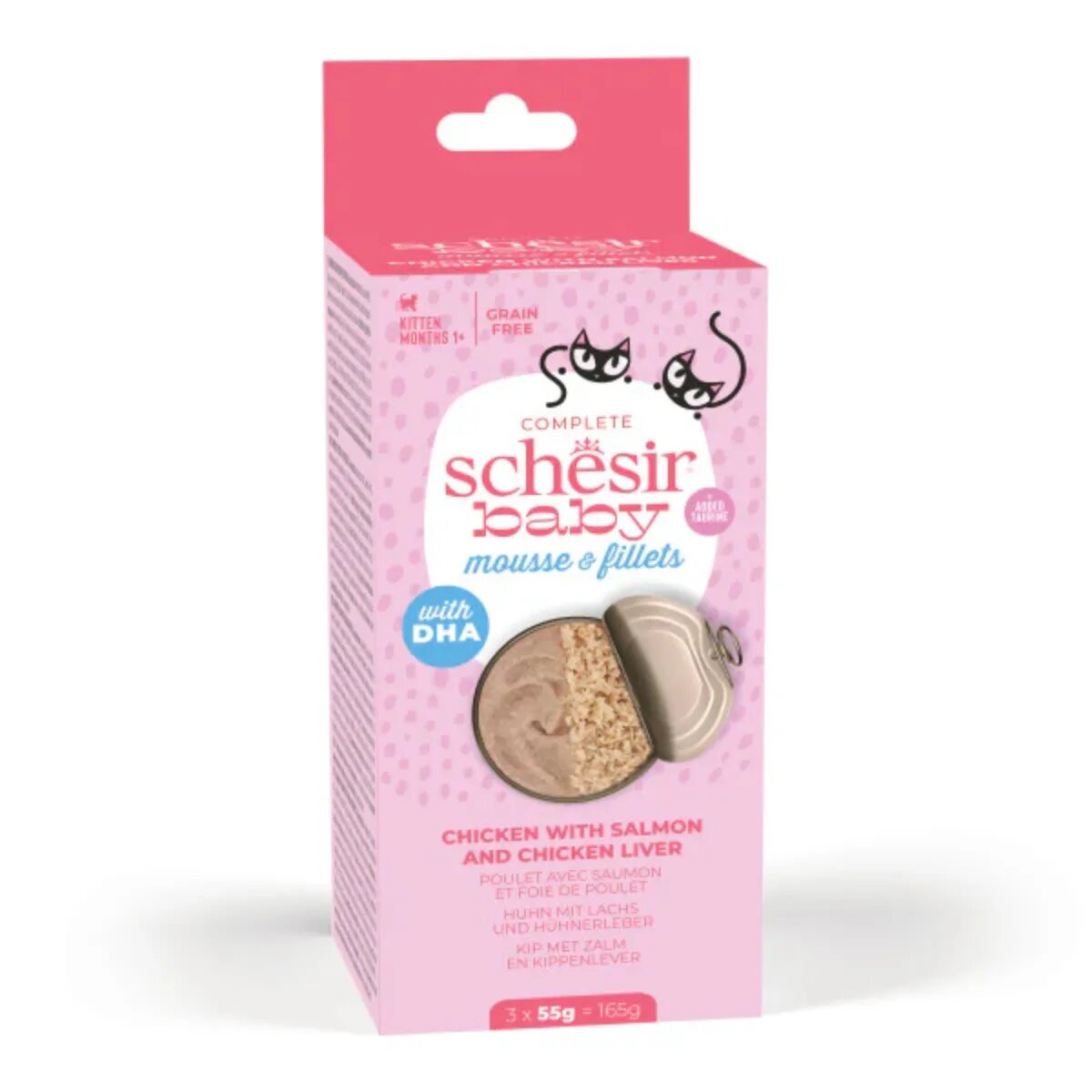 Schesir Baby Mousse & Fillets Pui și Somon conservă hrană umedă fără cereale pisici junior (mousse) multipack 55g x 3buc
