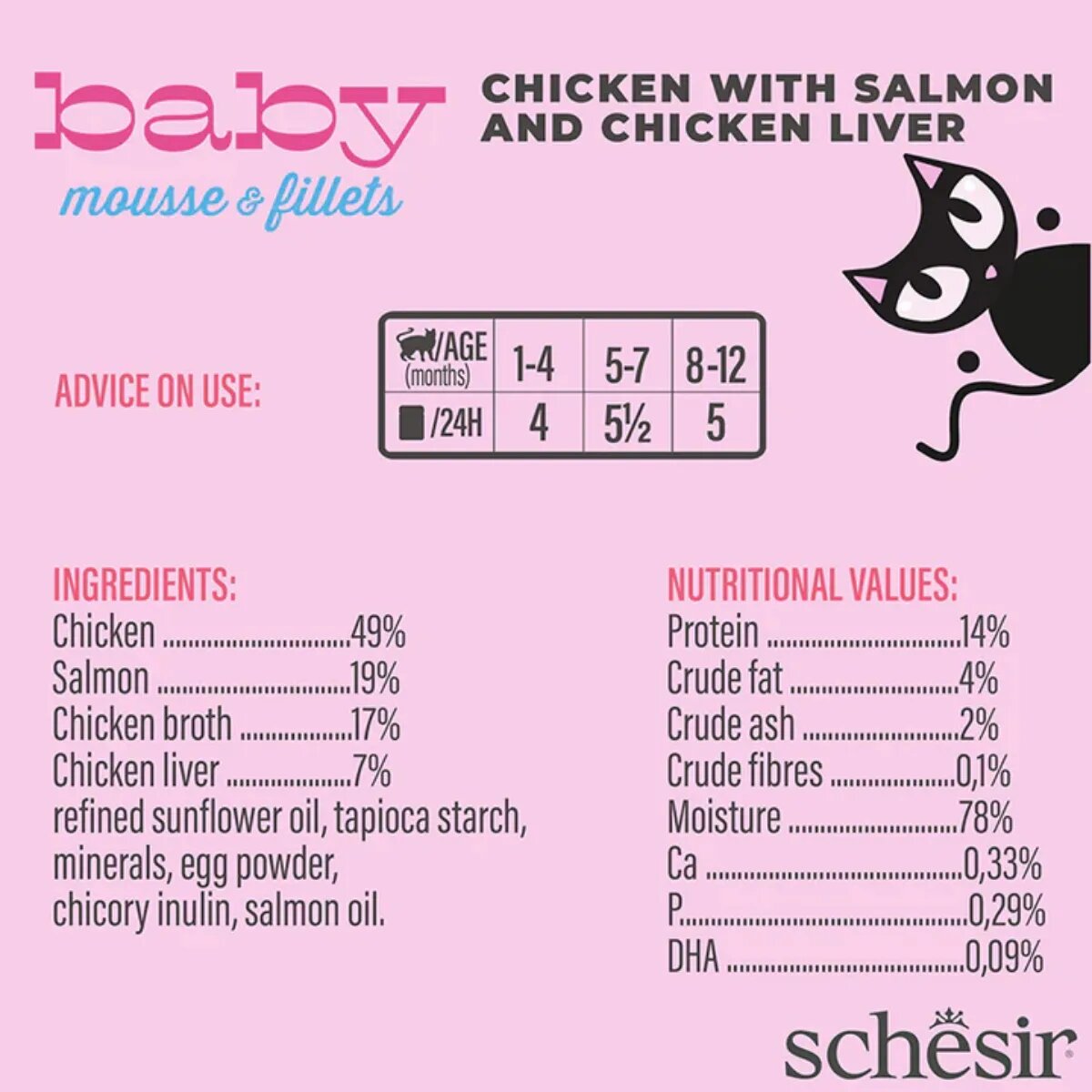 Schesir Baby Mousse & Fillets Pui și Somon conservă hrană umedă fără cereale pisici junior (mousse) multipack 55g x 3buc