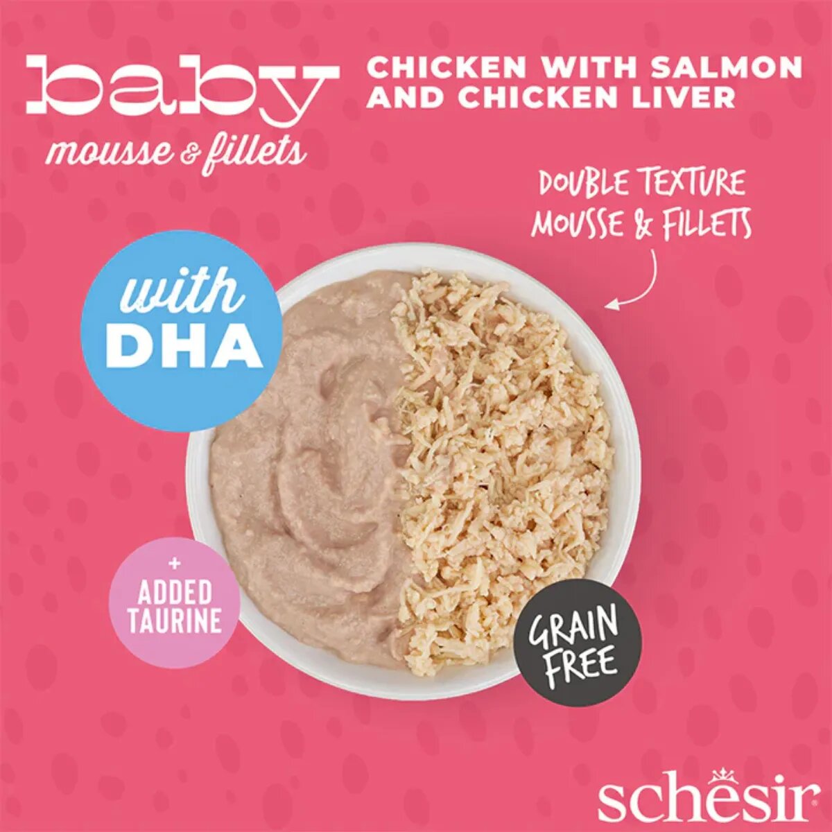 Schesir Baby Mousse & Fillets Pui și Somon conservă hrană umedă fără cereale pisici junior (mousse) multipack 55g x 3buc