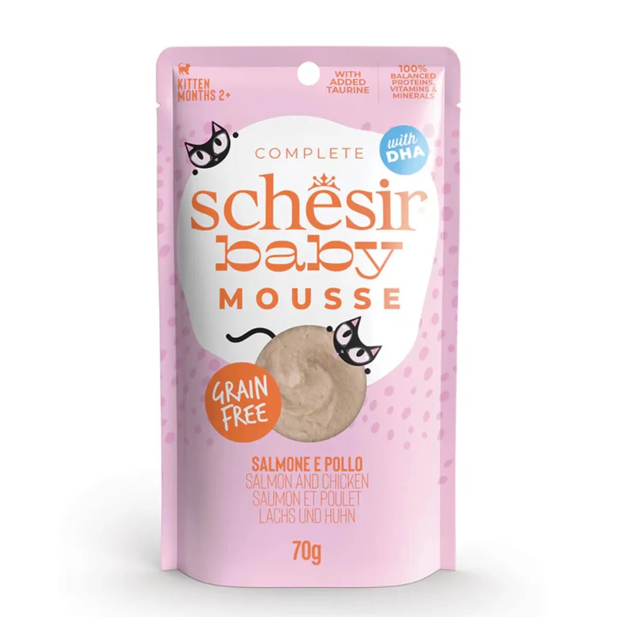 Schesir Baby Mousse Somon și Pui plic hrană umedă fără cereale pisici junior (mousse) 70g