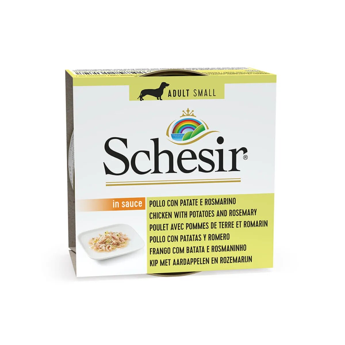 Schesir Complementary Adult Small XS-S Pui și Cartof Dulce conservă hrană umedă câini (în aspic) 85g