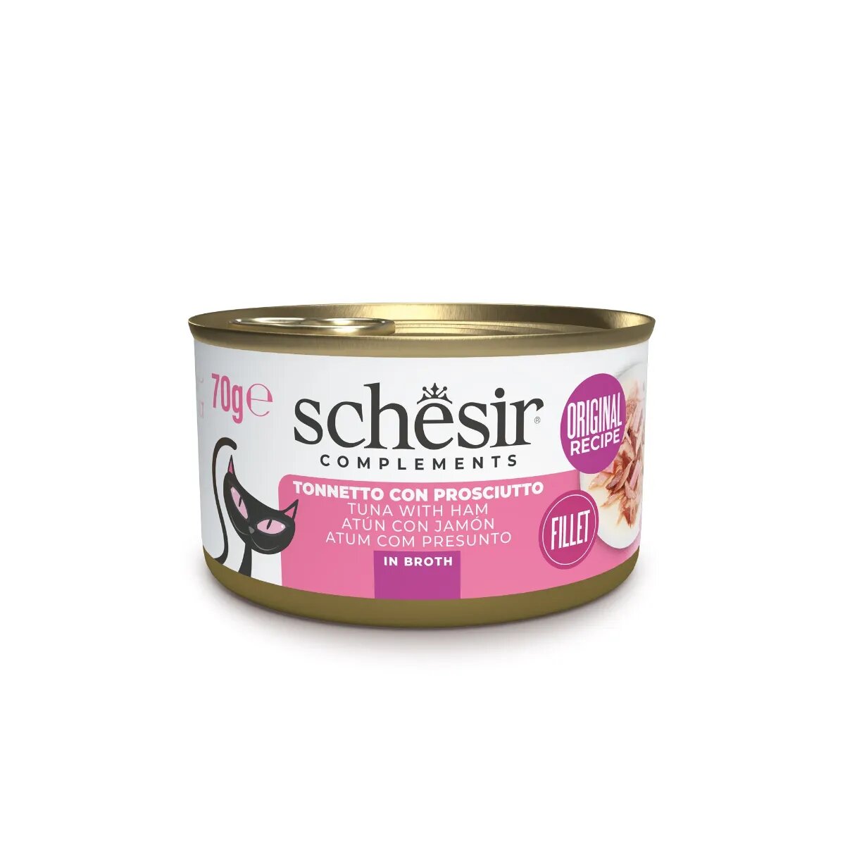 Schesir Complementary In Broth Ton și Șuncă conservă hrană umedă pisici (în supă) 70g