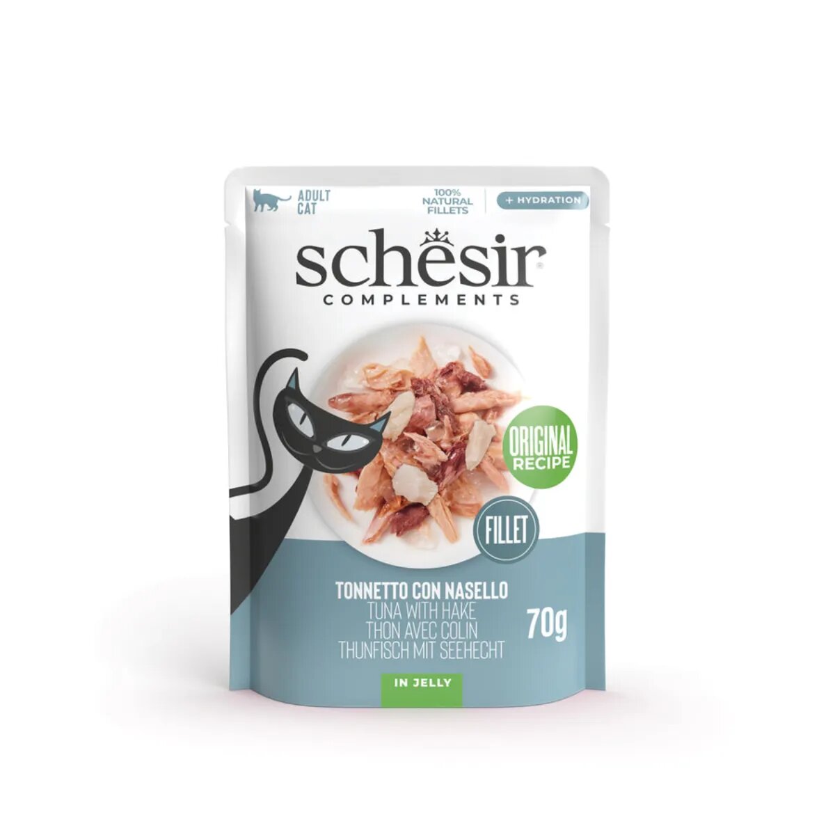Schesir Complementary In Jelly Pui și Merluciu plic hrană umedă pisici (în aspic) 70g