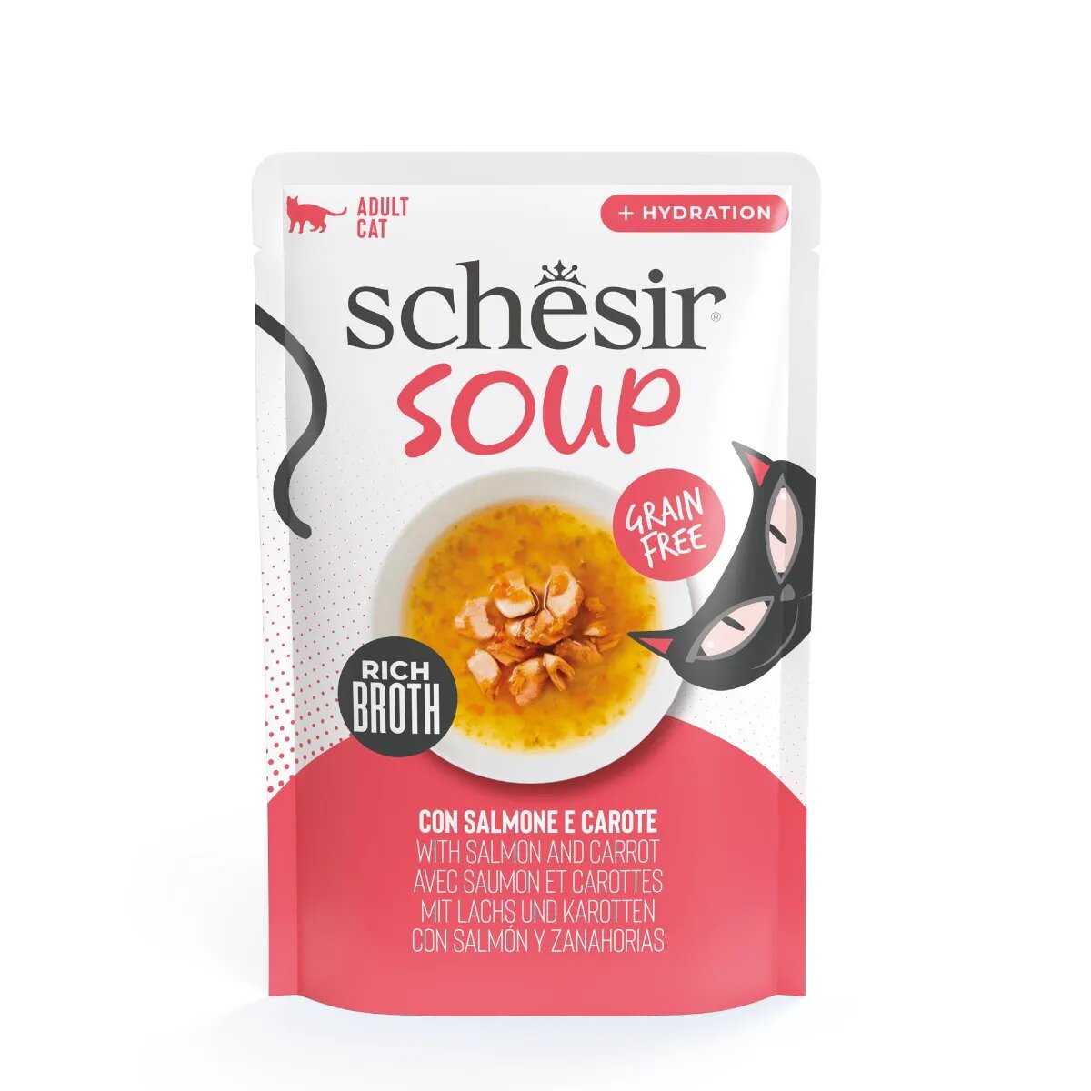 Schesir Complementary Soup Somon și Morcov plic hrană umedă fără cereale pisici (în supă) 40g