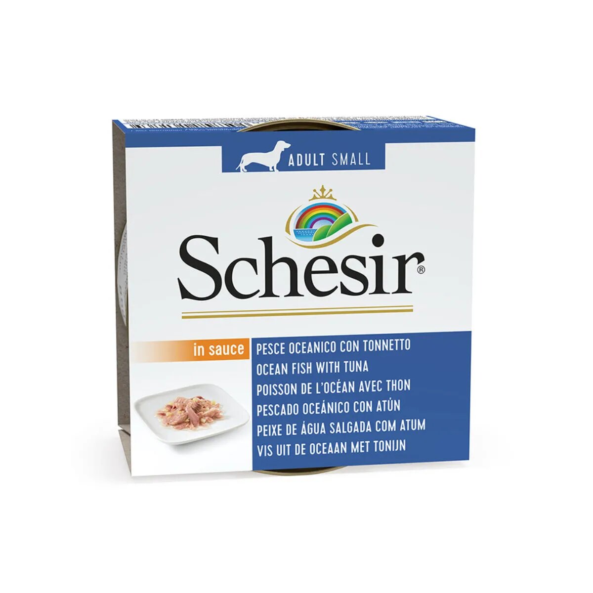 Schesir Complementary XS-S Macrou și Ton conservă hrană umedă câini (în aspic) 85g