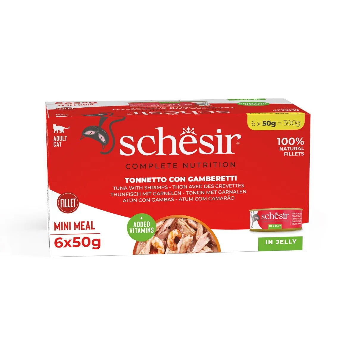Schesir Complete Nutrition Multipack Ton și Creveți conservă hrană umedă pisici (în aspic) multipack 50g x 6buc