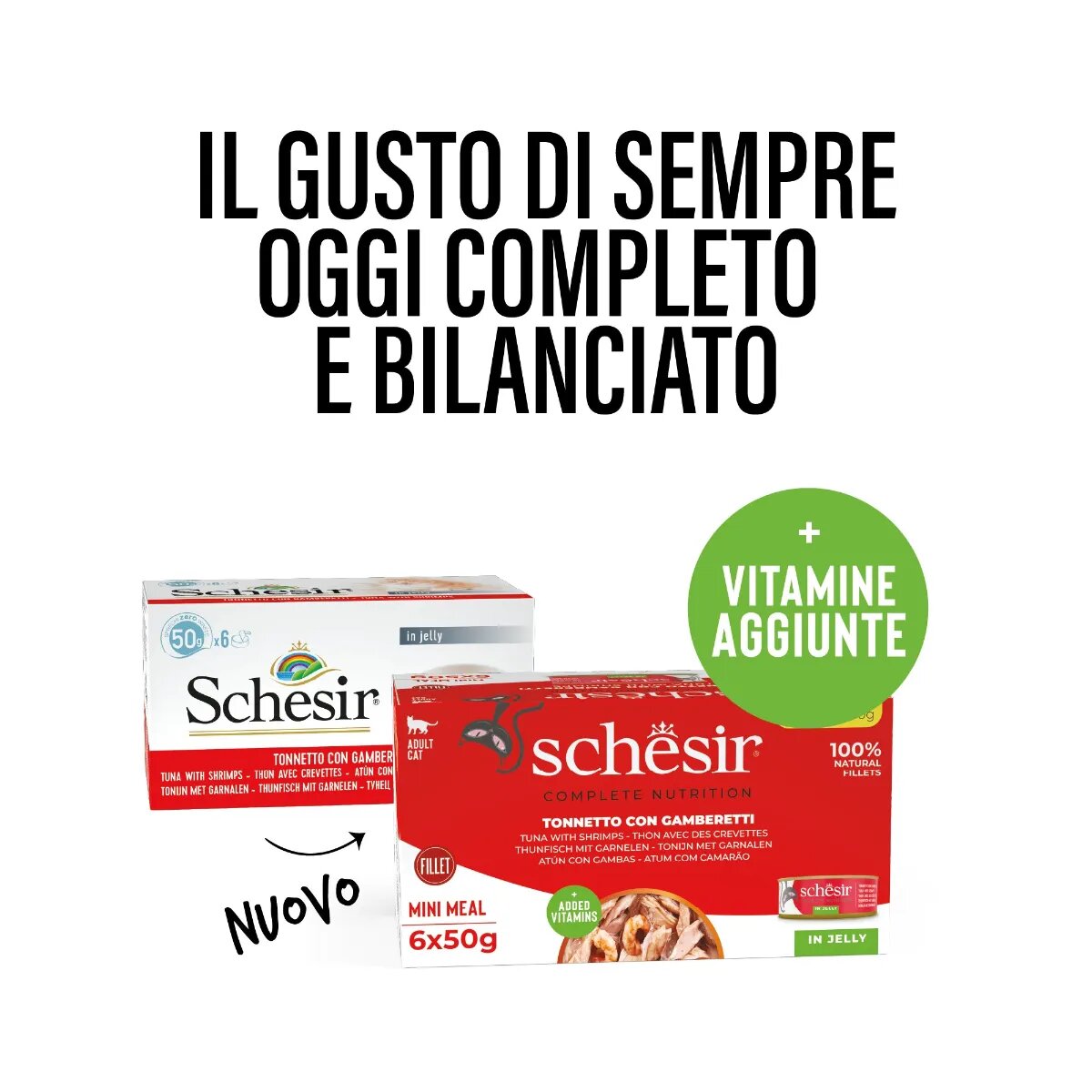 Schesir Complete Nutrition Multipack Ton și Creveți conservă hrană umedă pisici (în aspic) multipack 50g x 6buc