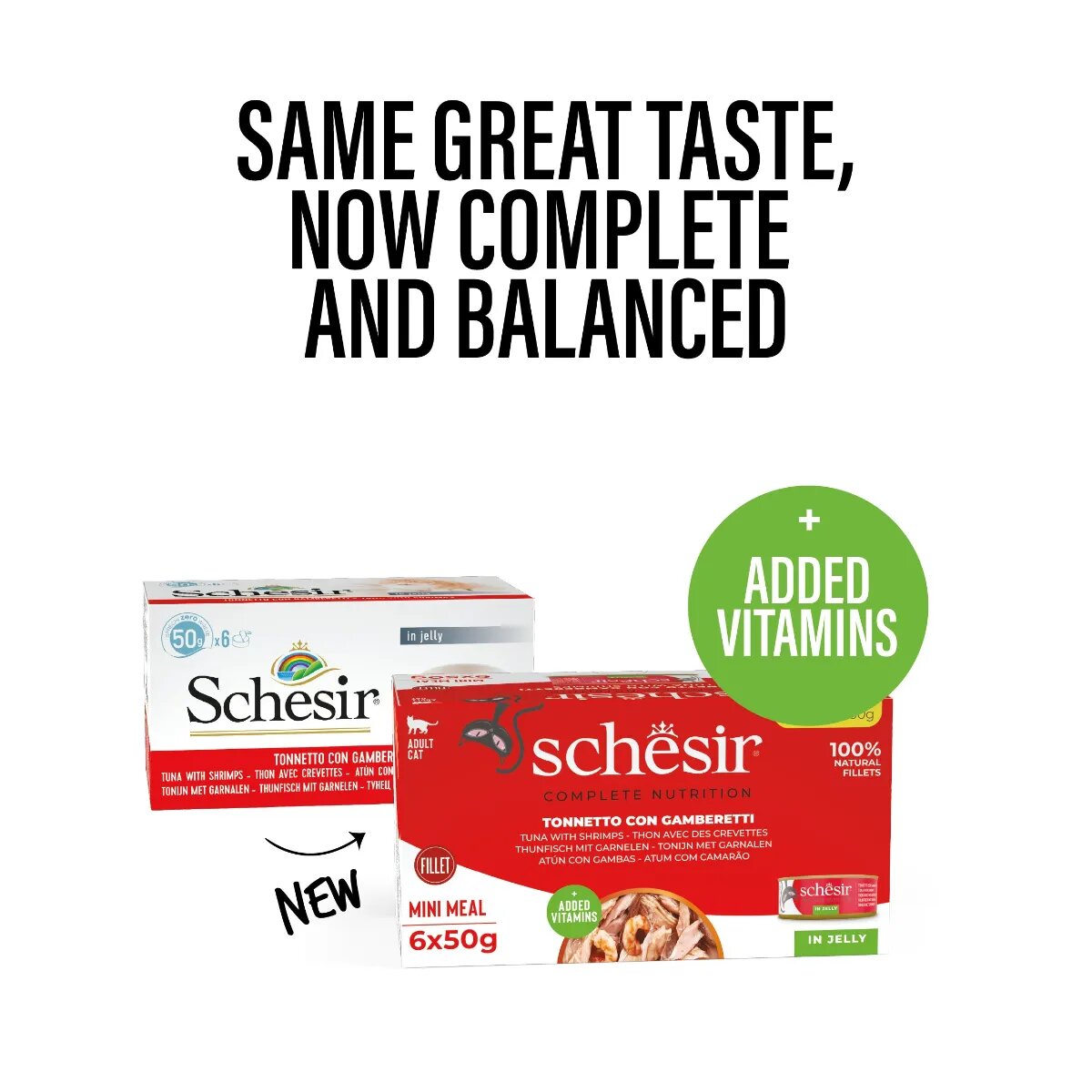 Schesir Complete Nutrition Multipack Ton și Creveți conservă hrană umedă pisici (în aspic) multipack 50g x 6buc