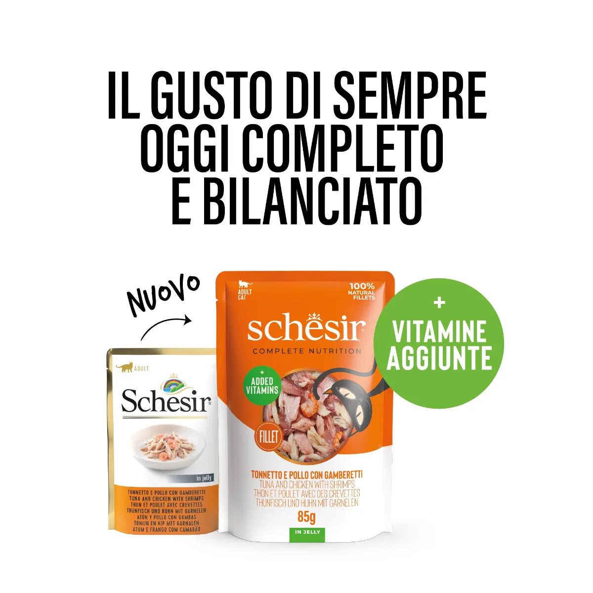 Schesir Complete Nutrition Ton și Pui plic hrană umedă pisici (în aspic) 85g