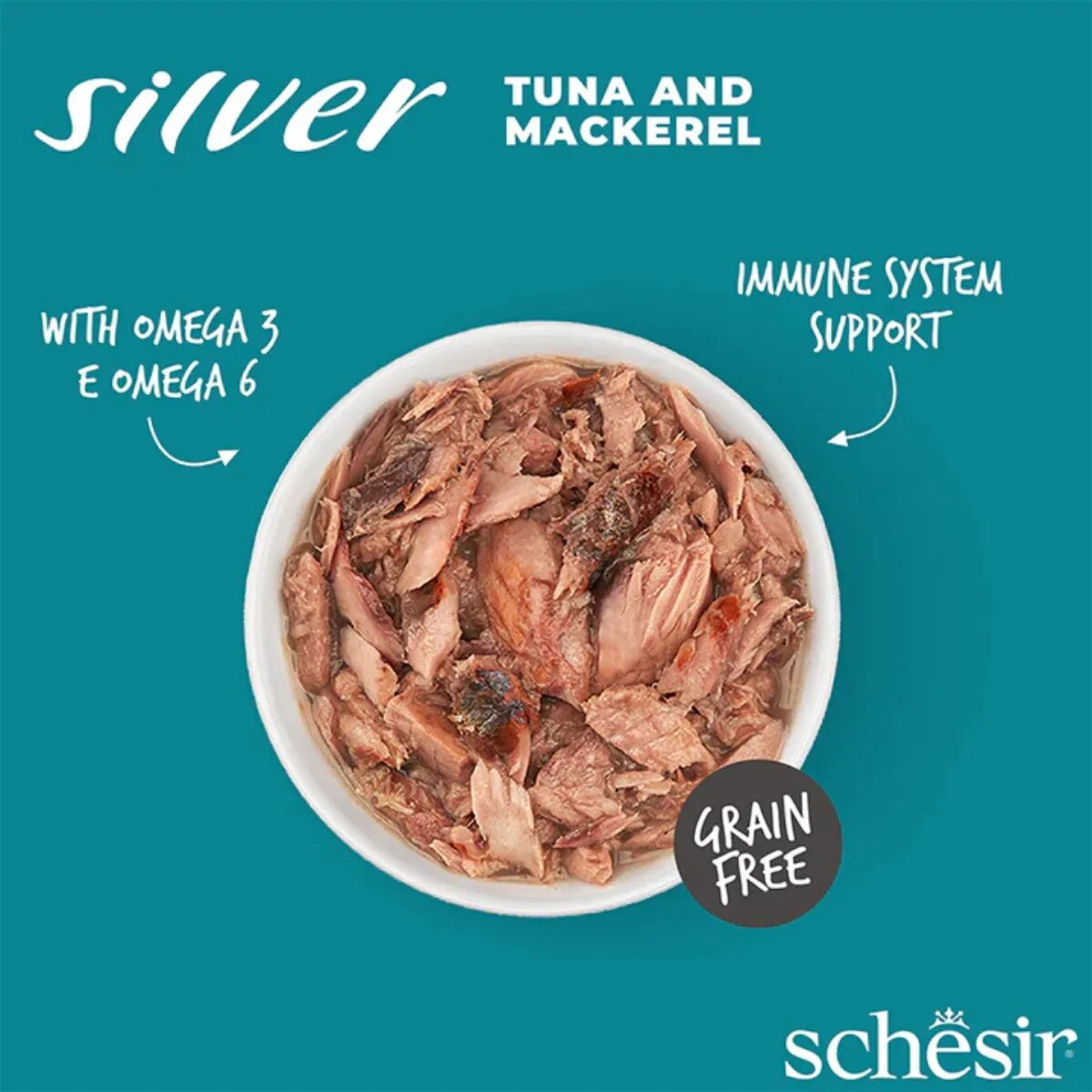 Schesir Silver Ton și Macrou conservă hrană umedă fără cereale pisici senior (în supă) 70g