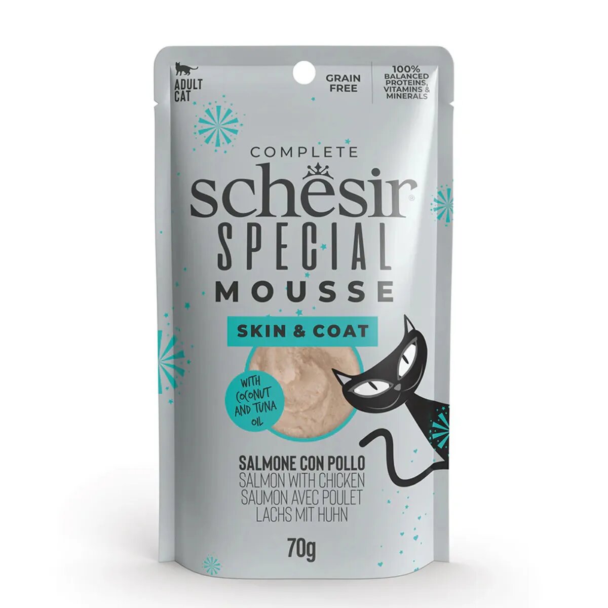 Schesir Special Skin & Coat Somon și Pui plic hrană umedă fără cereale pisici piele & blană (mousse) 70g