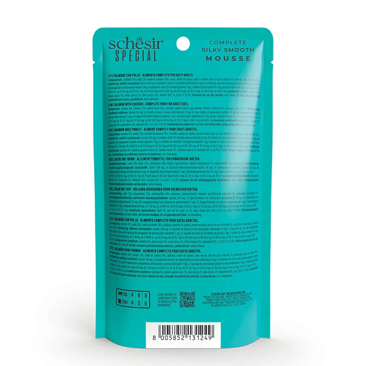 Schesir Special Skin & Coat Somon și Pui plic hrană umedă fără cereale pisici piele & blană (mousse) 70g