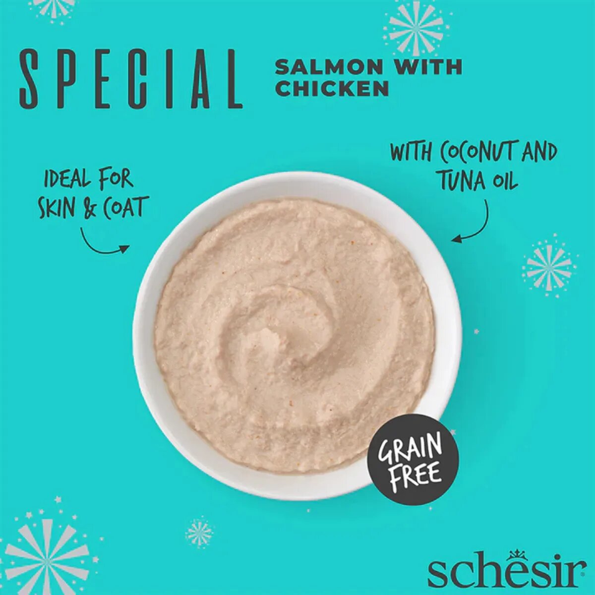 Schesir Special Skin & Coat Somon și Pui plic hrană umedă fără cereale pisici piele & blană (mousse) 70g