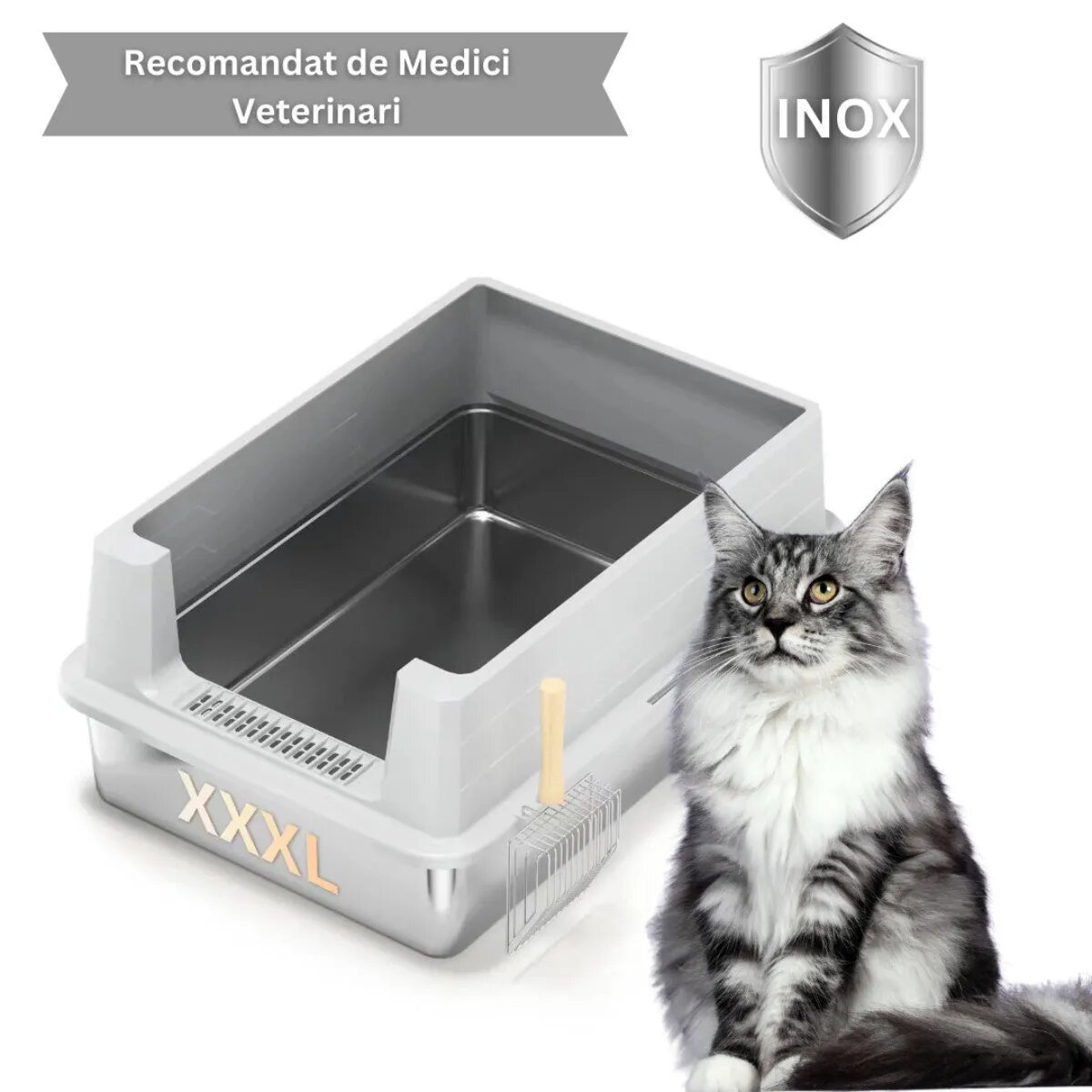 SHAW 3XL cu prag si lopatica incluse litieră pisici cu ramă argintiu 70x50x30 cm
