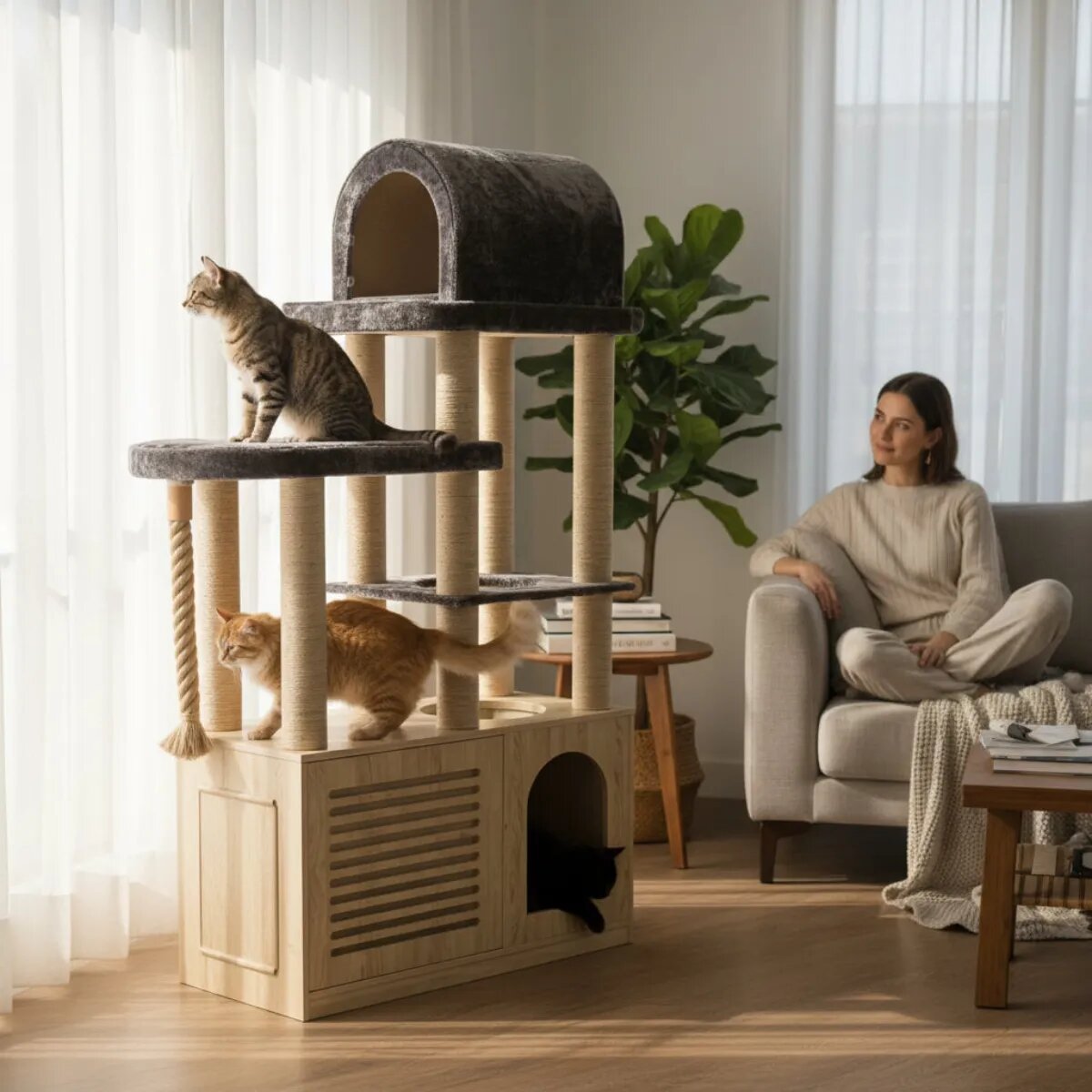 SHAW Bodrum cu Dulap Litieră ansamblu de joacă pisici 3 etaje 1 căsuța MDF și pluș elemente de zgâriat elemente atârnate maro 45x125x200cm
