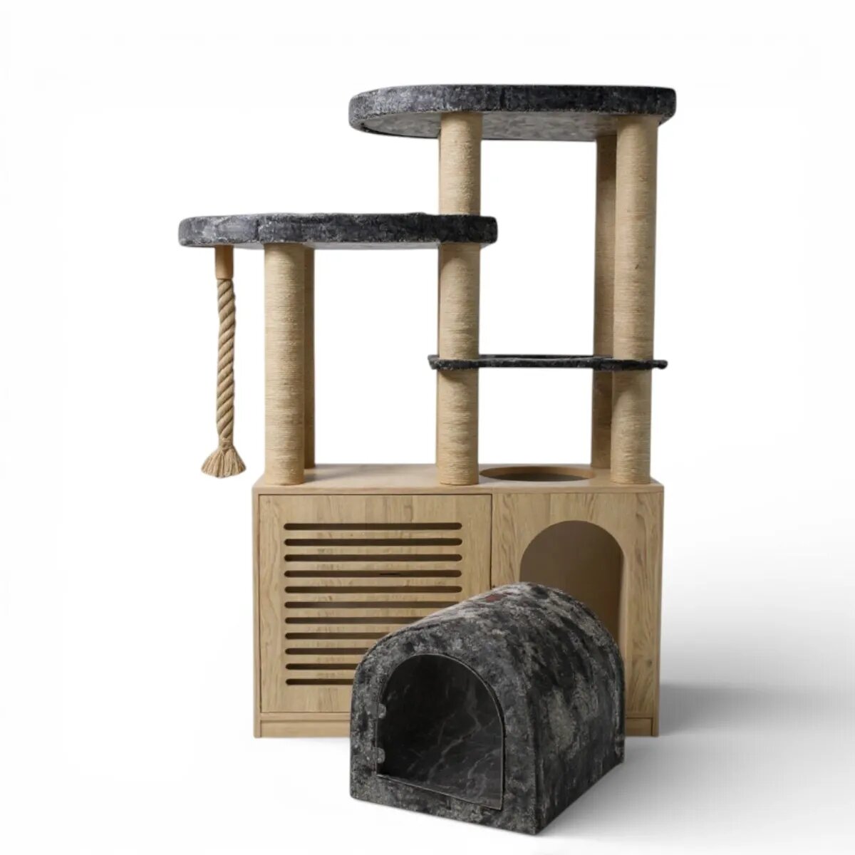 SHAW Bodrum cu Dulap Litieră ansamblu de joacă pisici 3 etaje 1 căsuța MDF și pluș elemente de zgâriat elemente atârnate maro 45x125x200cm