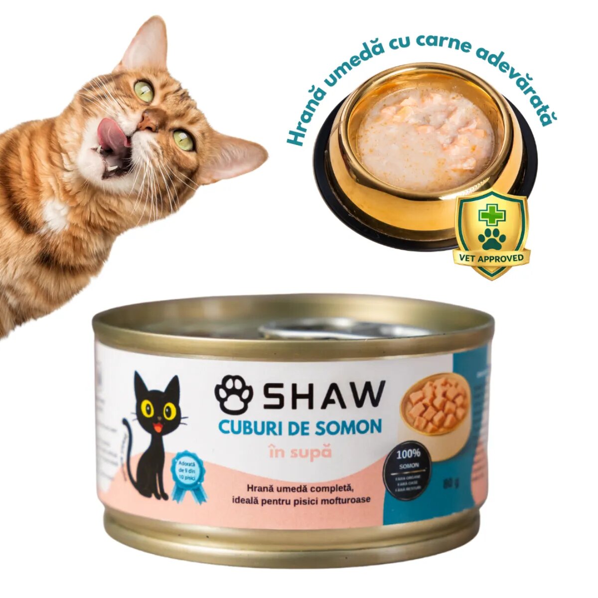 SHAW Cuburi Somon conservă hrană umedă fără cereale pisici apetit capricios (în supă) 80g