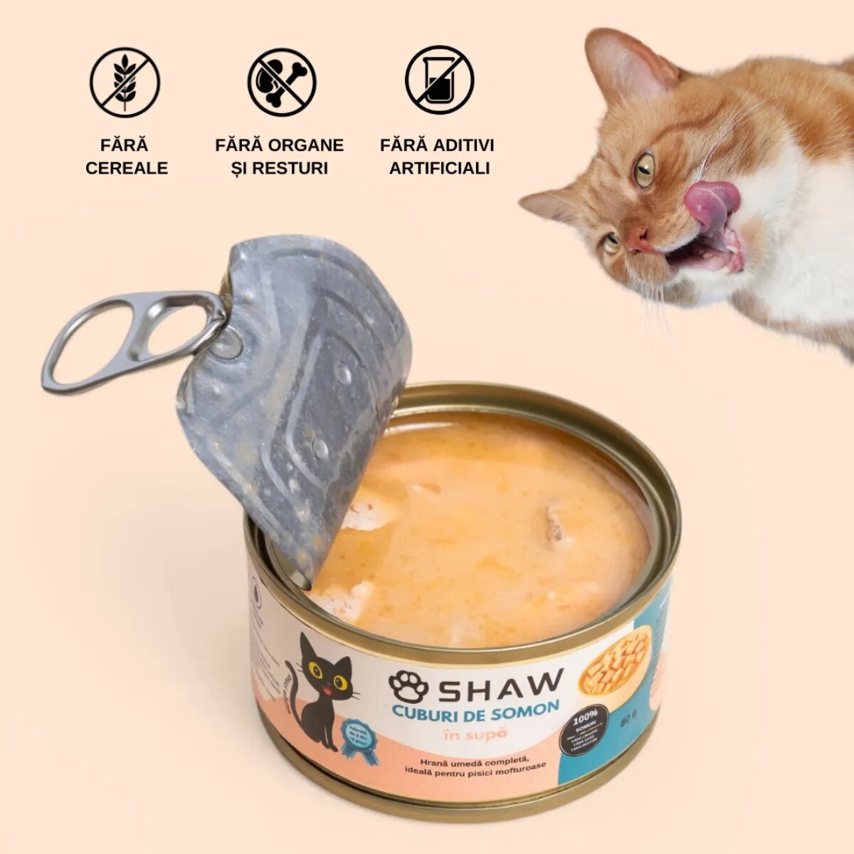 SHAW Cuburi Somon conservă hrană umedă fără cereale pisici apetit capricios (în supă) 80g