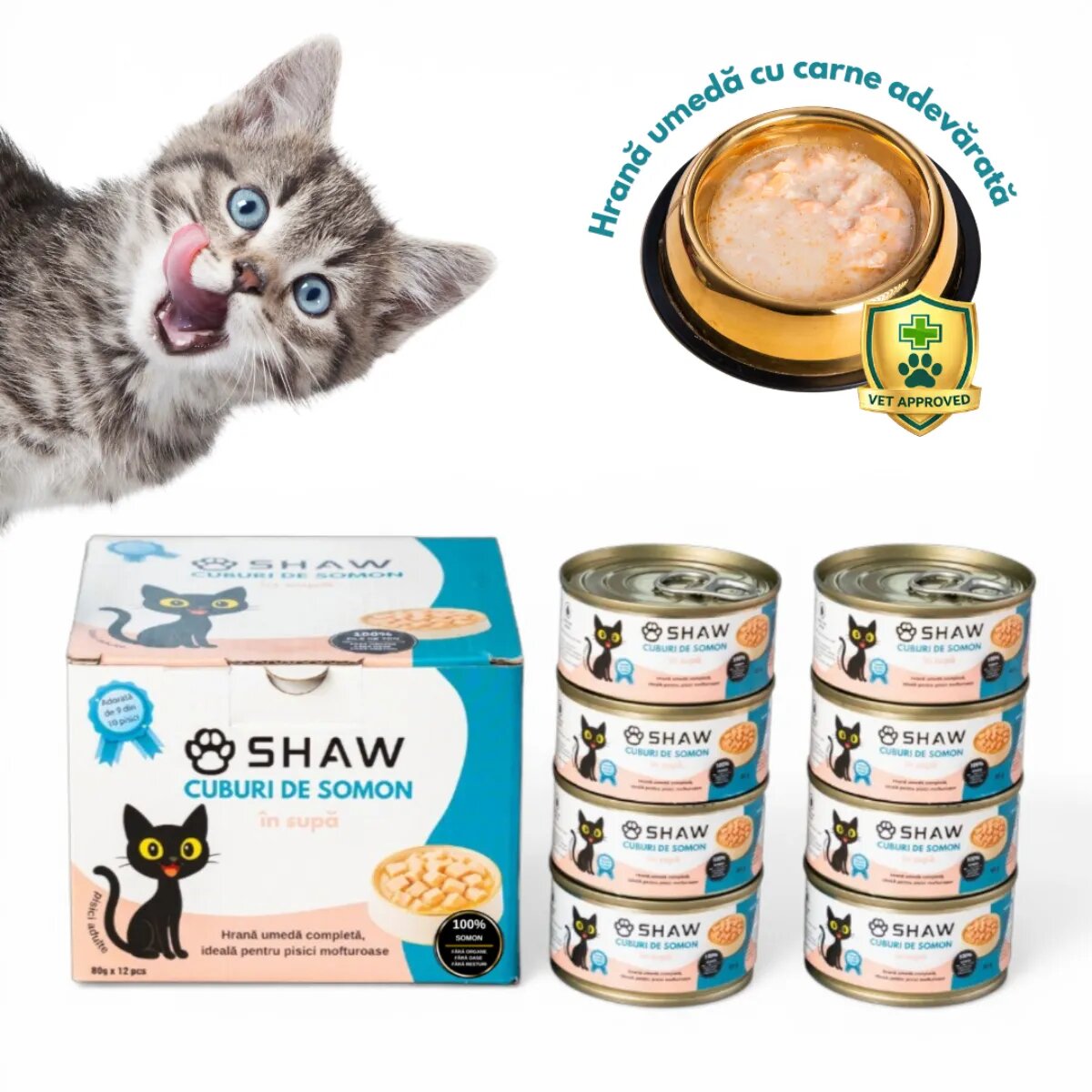 SHAW Cuburi Somon conservă hrană umedă fără cereale pisici apetit capricios (în supă) bax 80g x 12buc