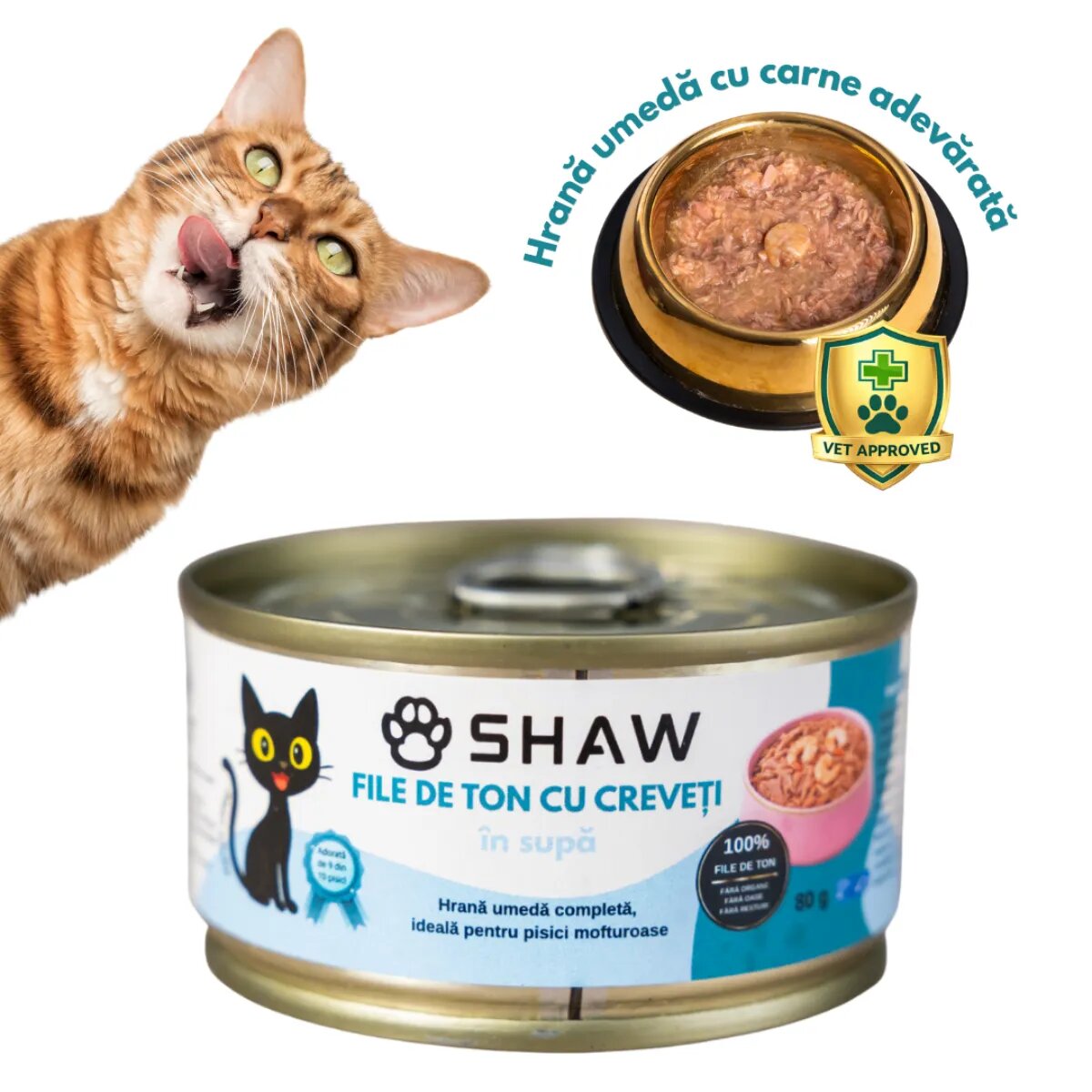 SHAW File Ton și Creveți conservă hrană umedă fără cereale pisici apetit capricios (în supă) 80g