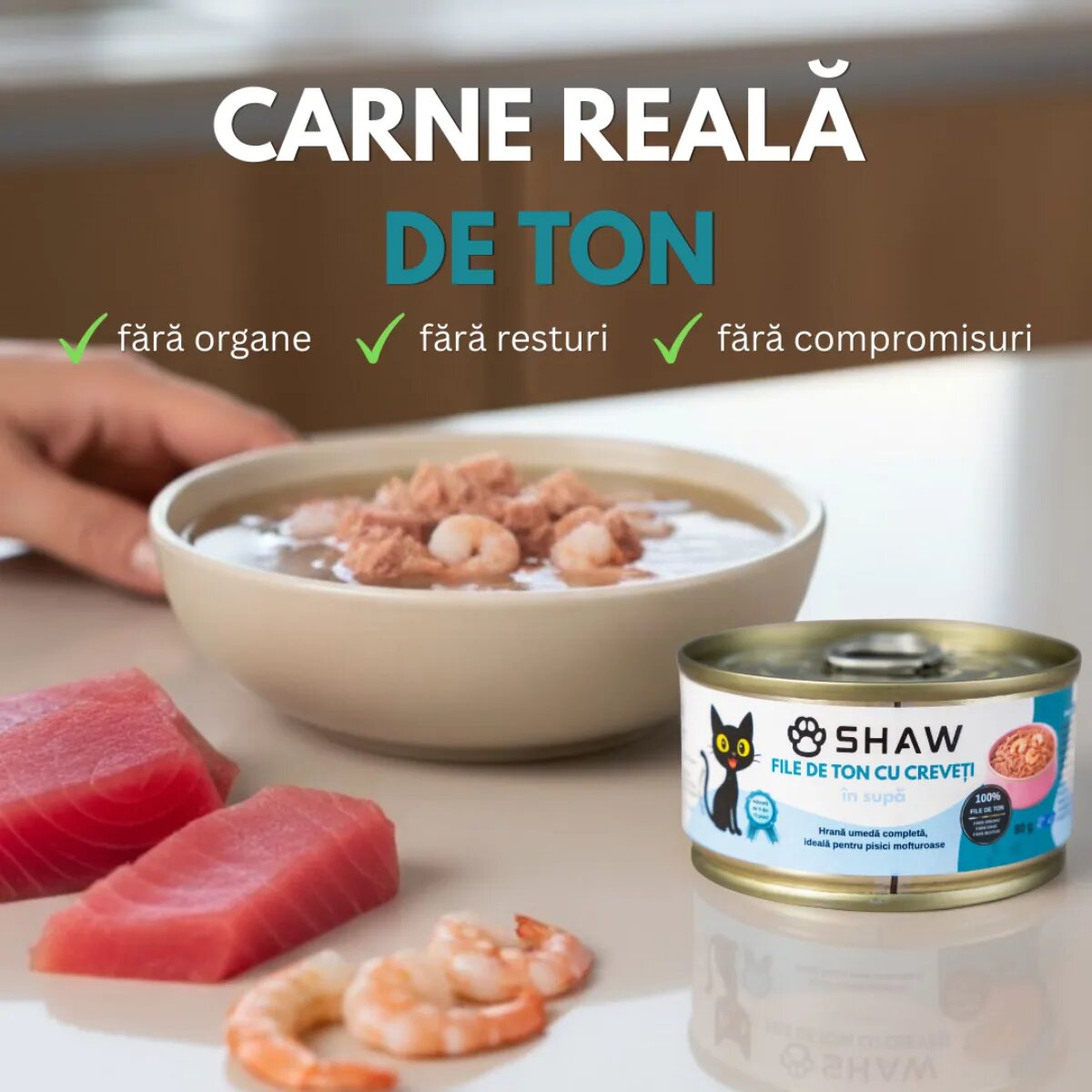 SHAW File Ton și Creveți conservă hrană umedă fără cereale pisici apetit capricios (în supă) 80g