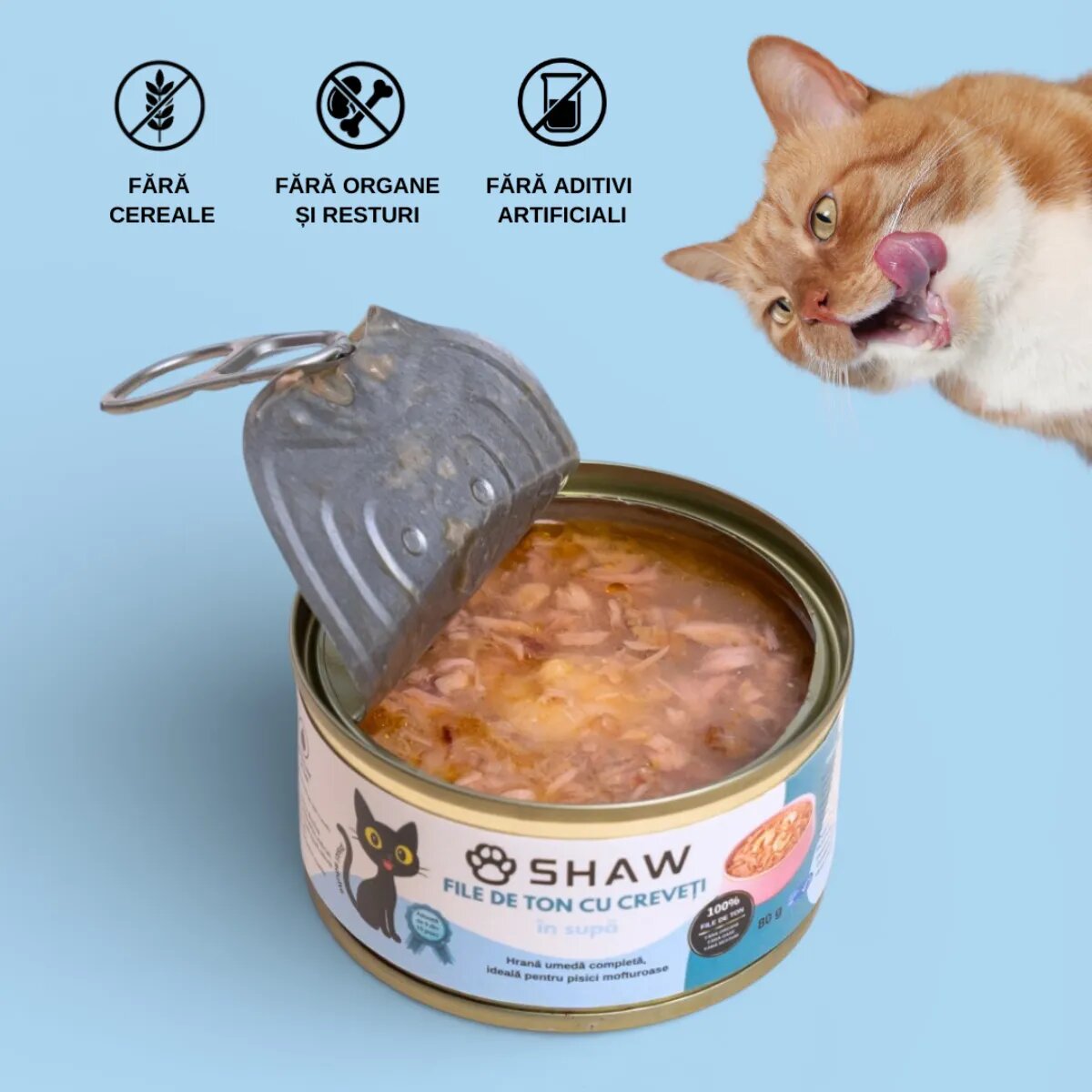 SHAW File Ton și Creveți conservă hrană umedă fără cereale pisici apetit capricios (în supă) 80g