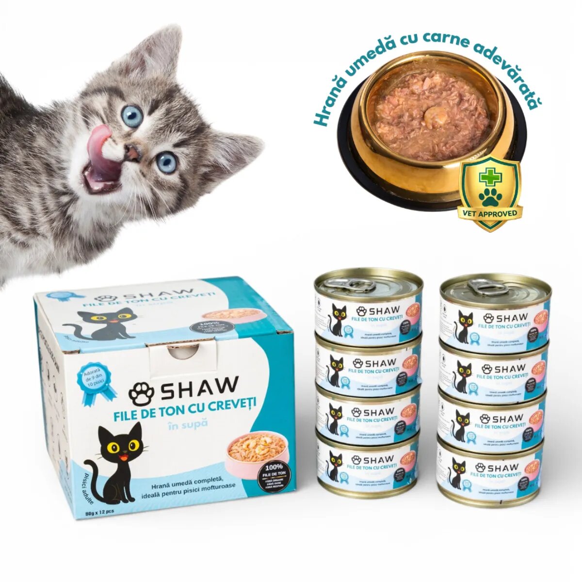 SHAW File Ton și Creveți conservă hrană umedă fără cereale pisici apetit capricios (în supă) bax 80g x 12buc