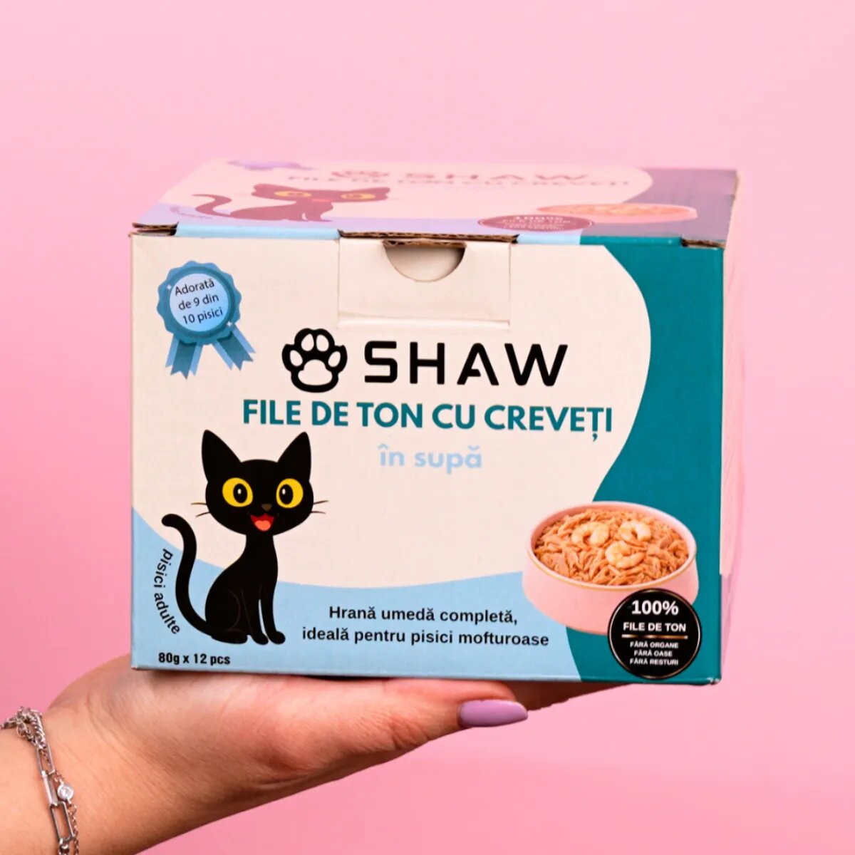 SHAW File Ton și Creveți conservă hrană umedă fără cereale pisici apetit capricios (în supă) bax 80g x 12buc