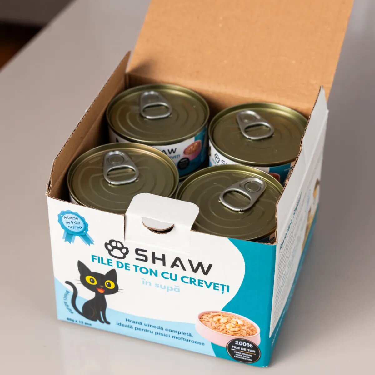 SHAW File Ton și Creveți conservă hrană umedă fără cereale pisici apetit capricios (în supă) bax 80g x 12buc