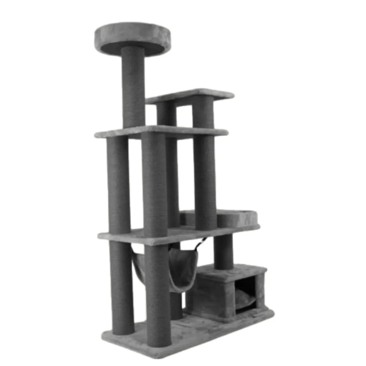 SHAW Istanbul ansamblu de joacă pisici 5 etaje 1 căsuța MDF și pluș elemente de zgâriat elemente hamac gri 52x100x172cm